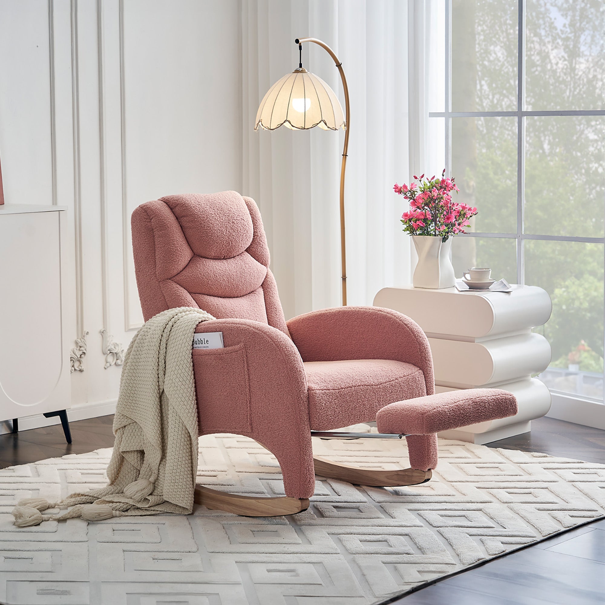 Rocking Chair, Upholstered with Armrest, Accent for Bedroom, Pink Teddy Fabric