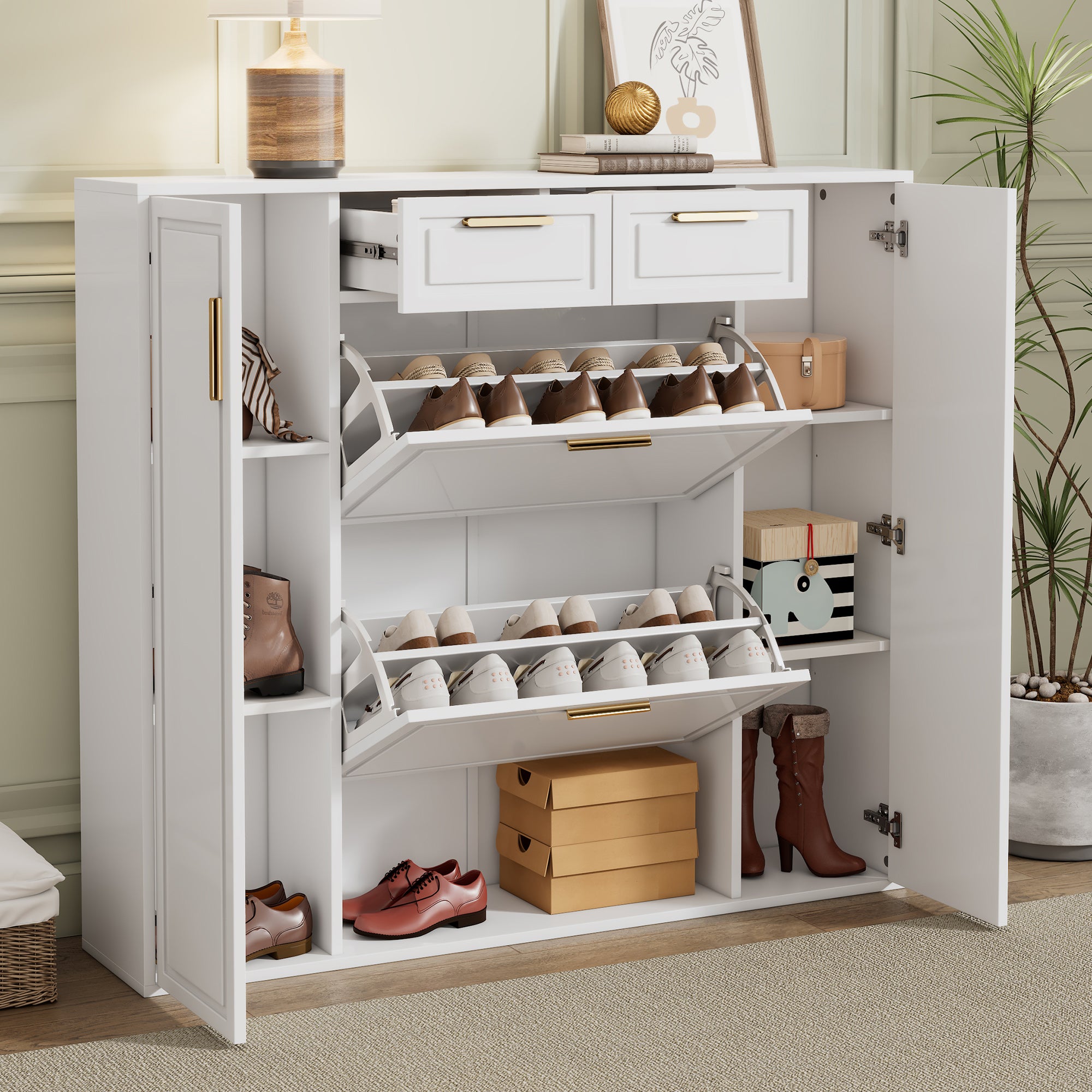 Modern shoe cabinet with adjustable shelves, 2 drawers, folding and 2 doors, white