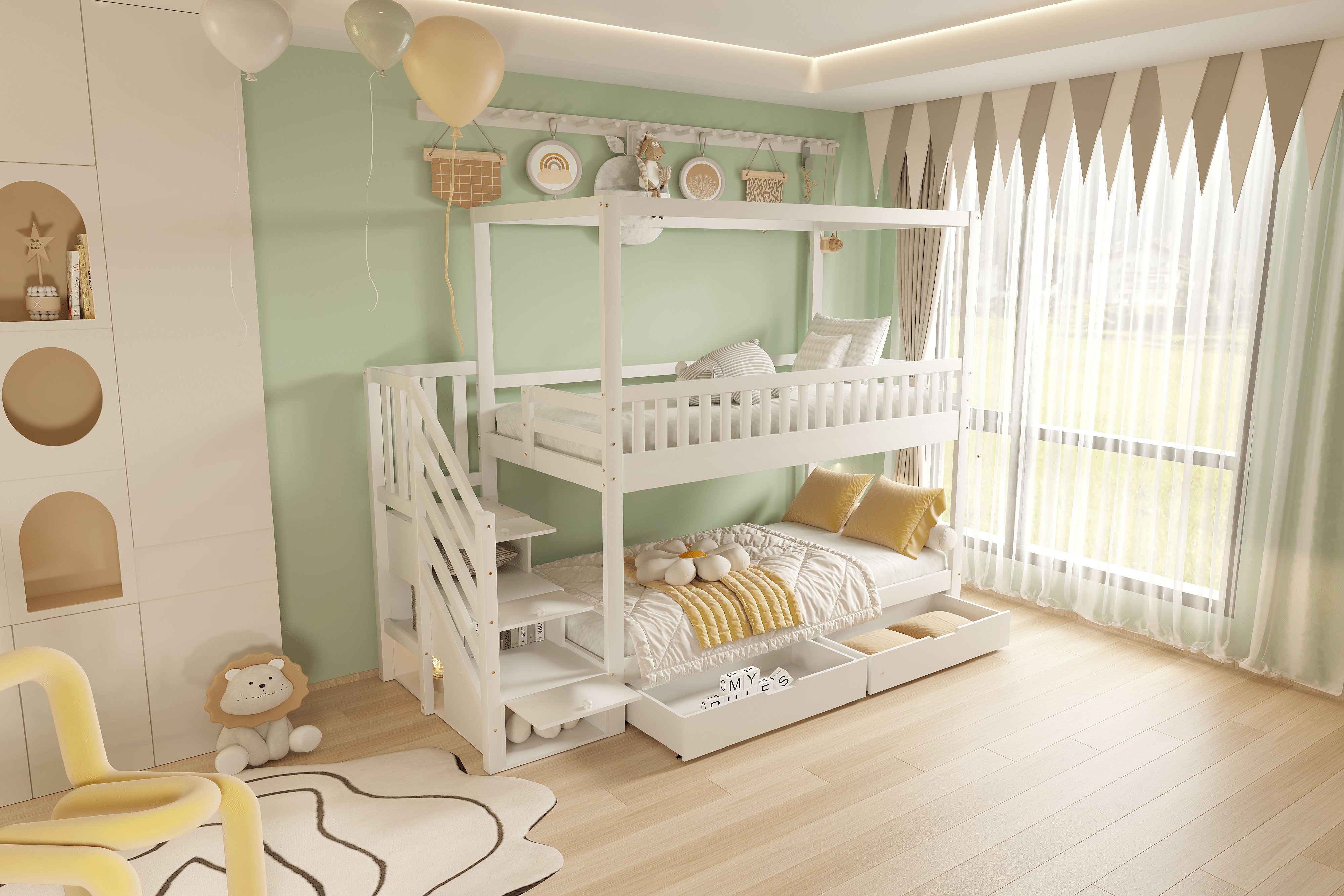 Bunk Bed, House-Shaped, Safety Railing, Storage, Solid Wood White