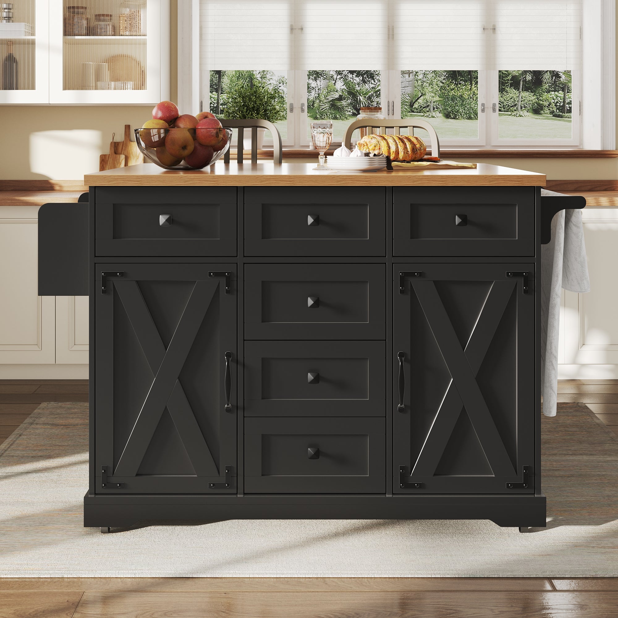 Kitchen Island with Multifunctional Serving Trolley and Large Storage Space, Black Wood Grain