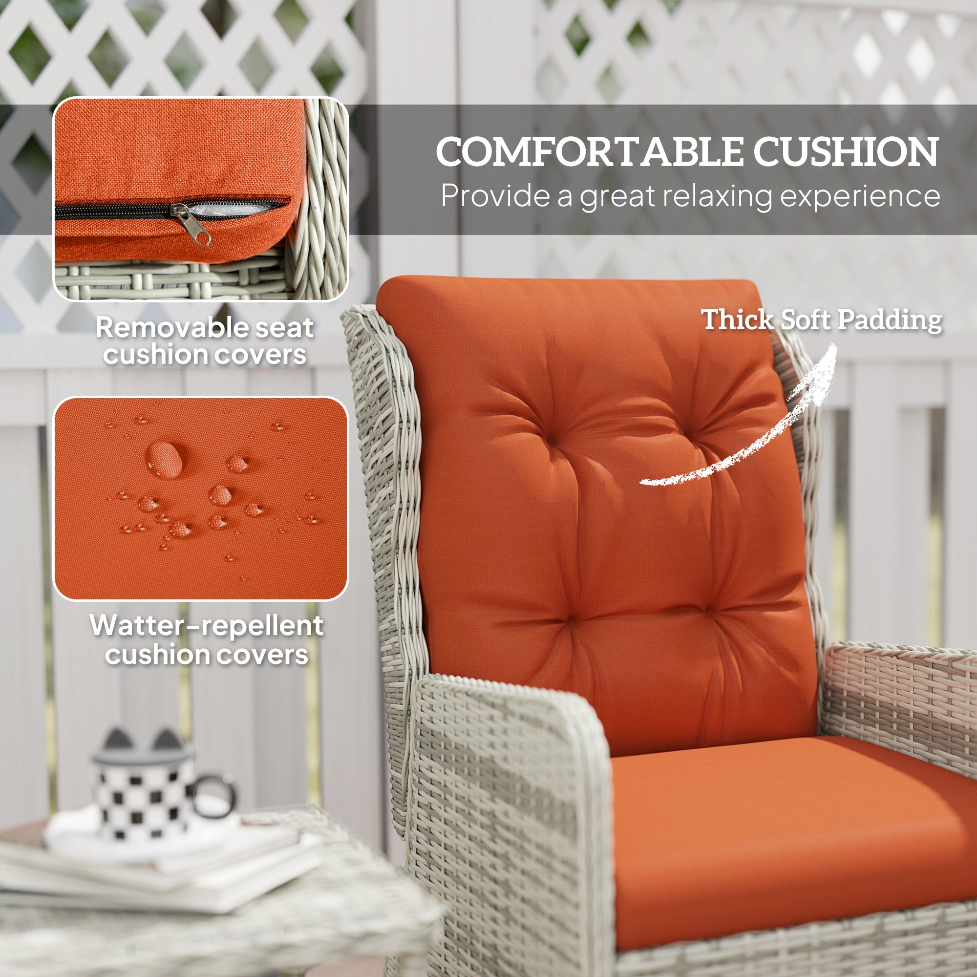 5 Pieces Rattan Bistro Set, Adjustable Reclining Chairs with Cushions and Glass Top Table, Orange