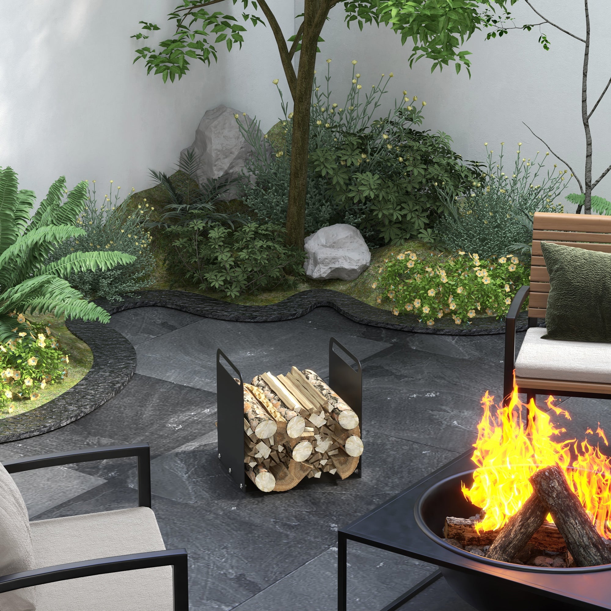 Firewood Rack 36.5x30x36cm with Handles, Indoor/Outdoor, 30kg, Black Steel