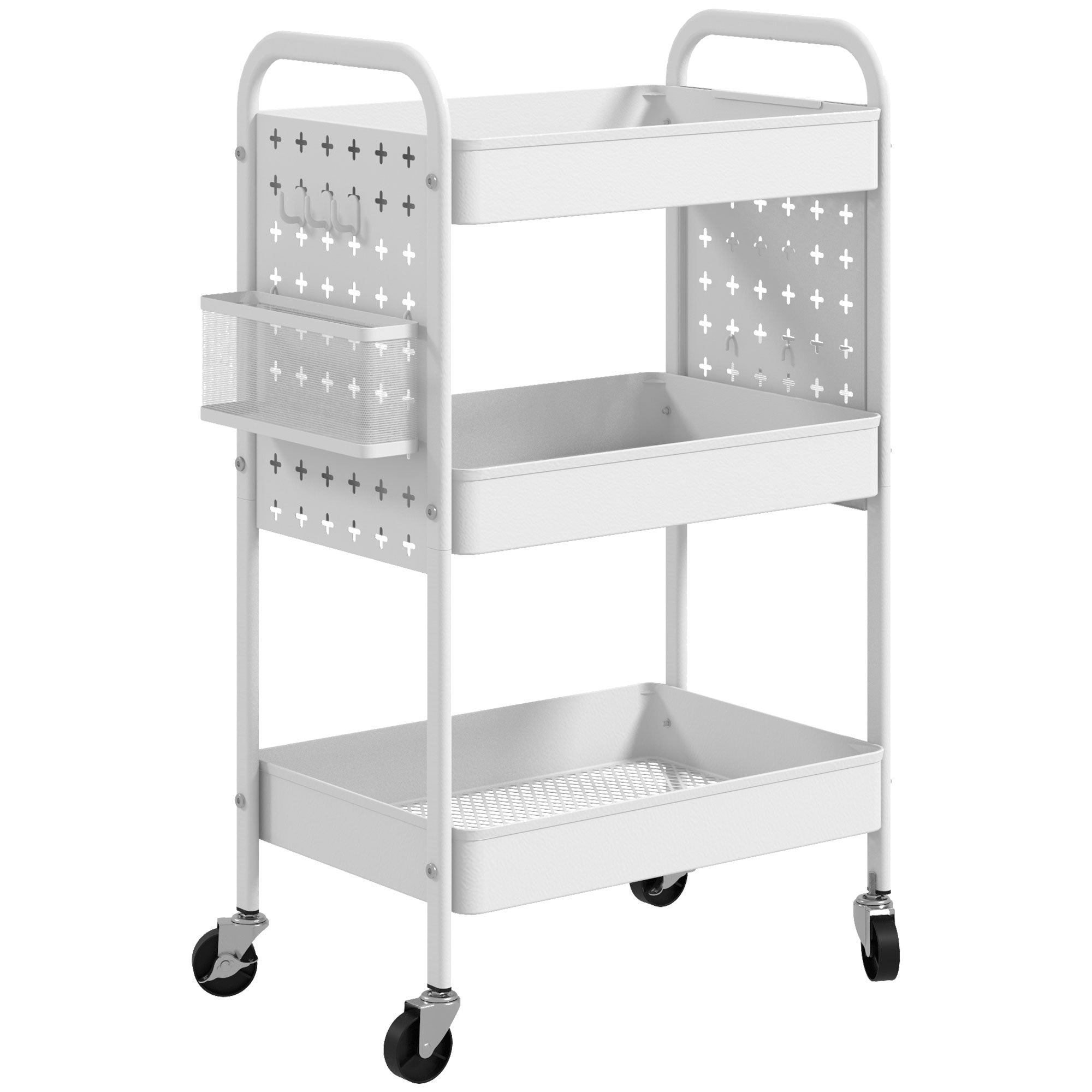 Rolling Cart, 3 Tiers, 2 Hanging Baskets, Steel, White