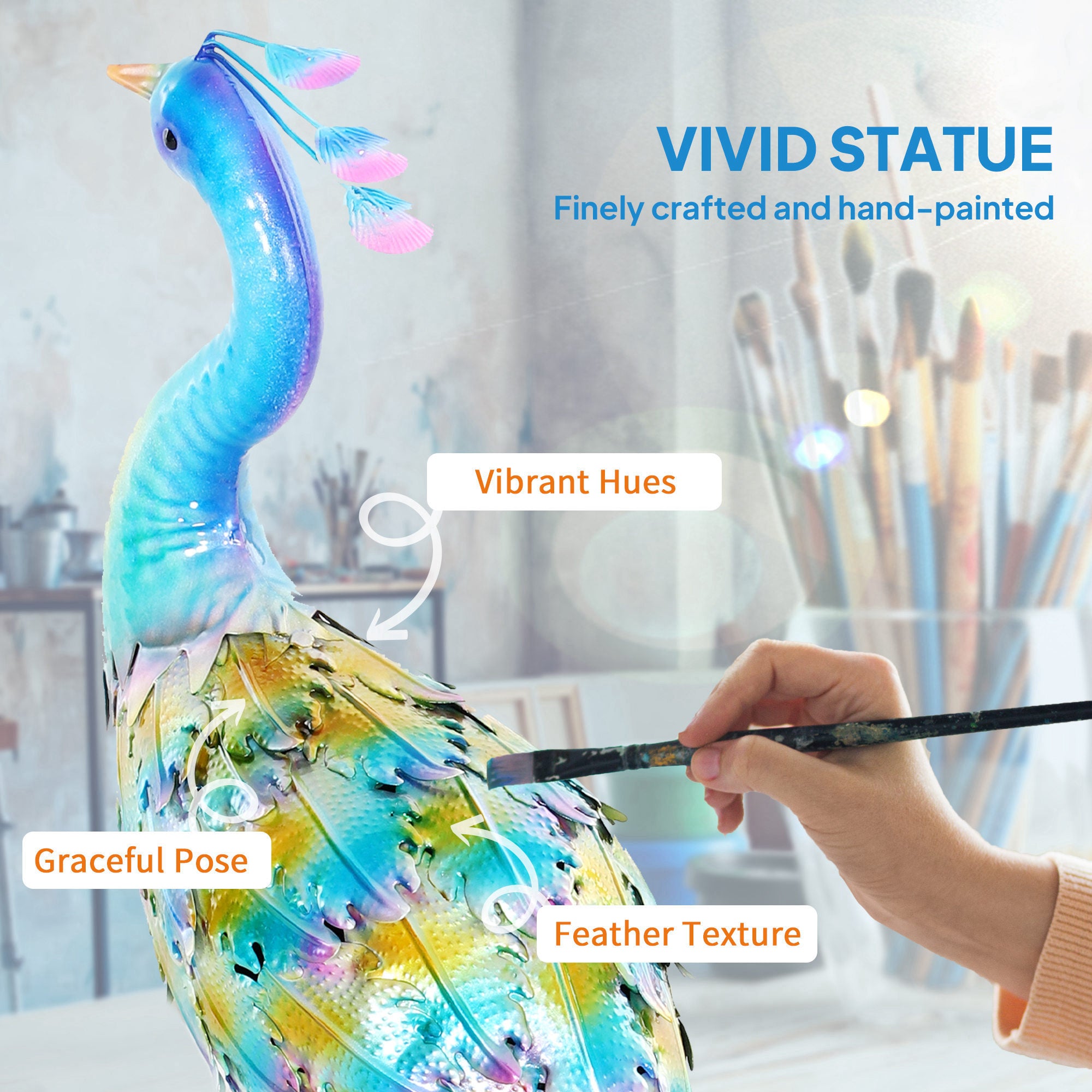 Peacock Garden Statue, Standing Metal Ornament with Stakes, Multi-Colour