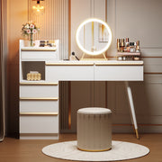 Dressing table with extendable tabletop, 6 drawers, gold handles, LED mirror, dimmable light, white