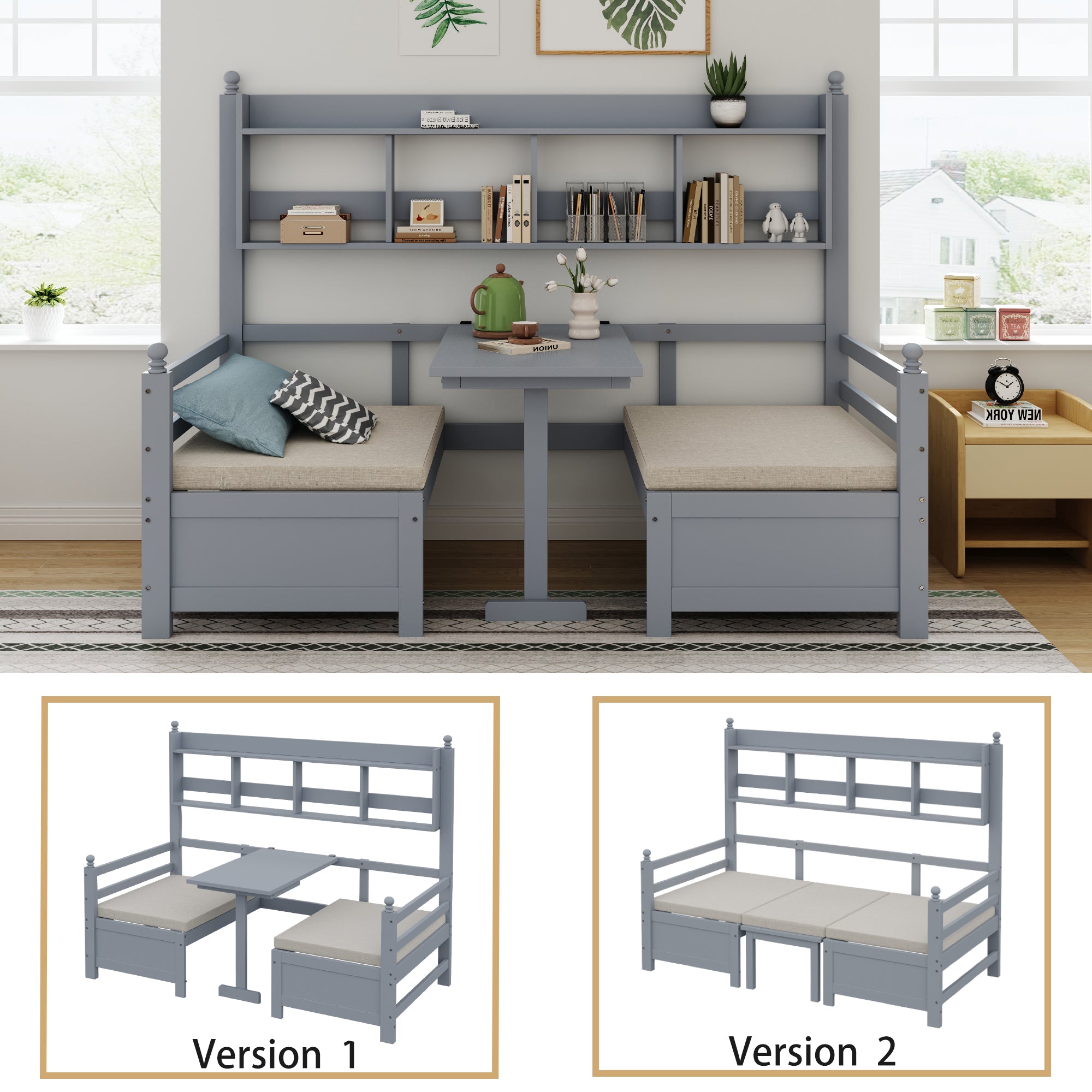 Sofa Bed, Multifunctional 2-in-1 Bed & Desk with Bookshelf, Solid Wood Gray