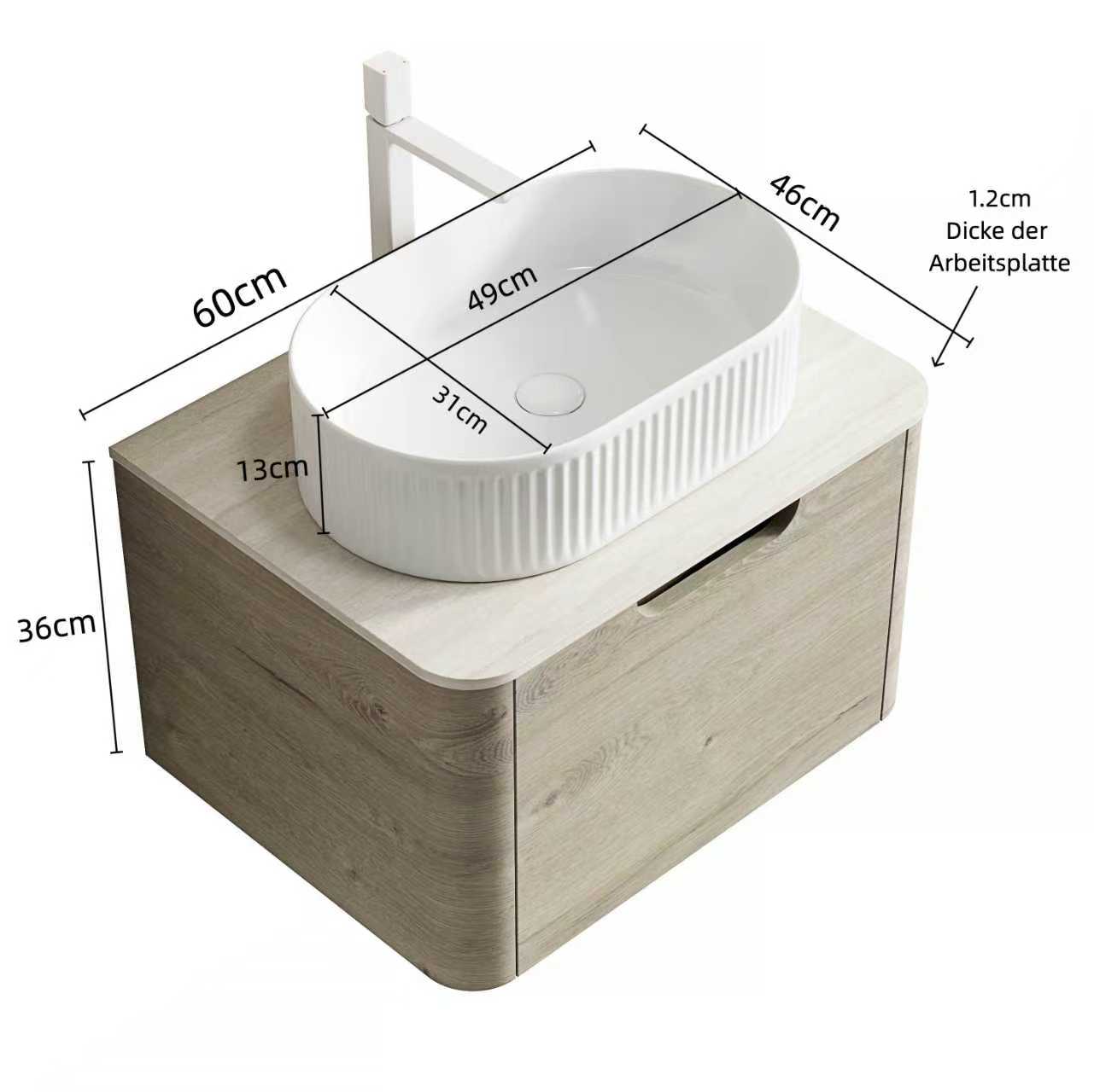 Floating Bathroom Vanity Unit with Oval Sink and Sintered Stone Top, Oak Cream Wood Grain