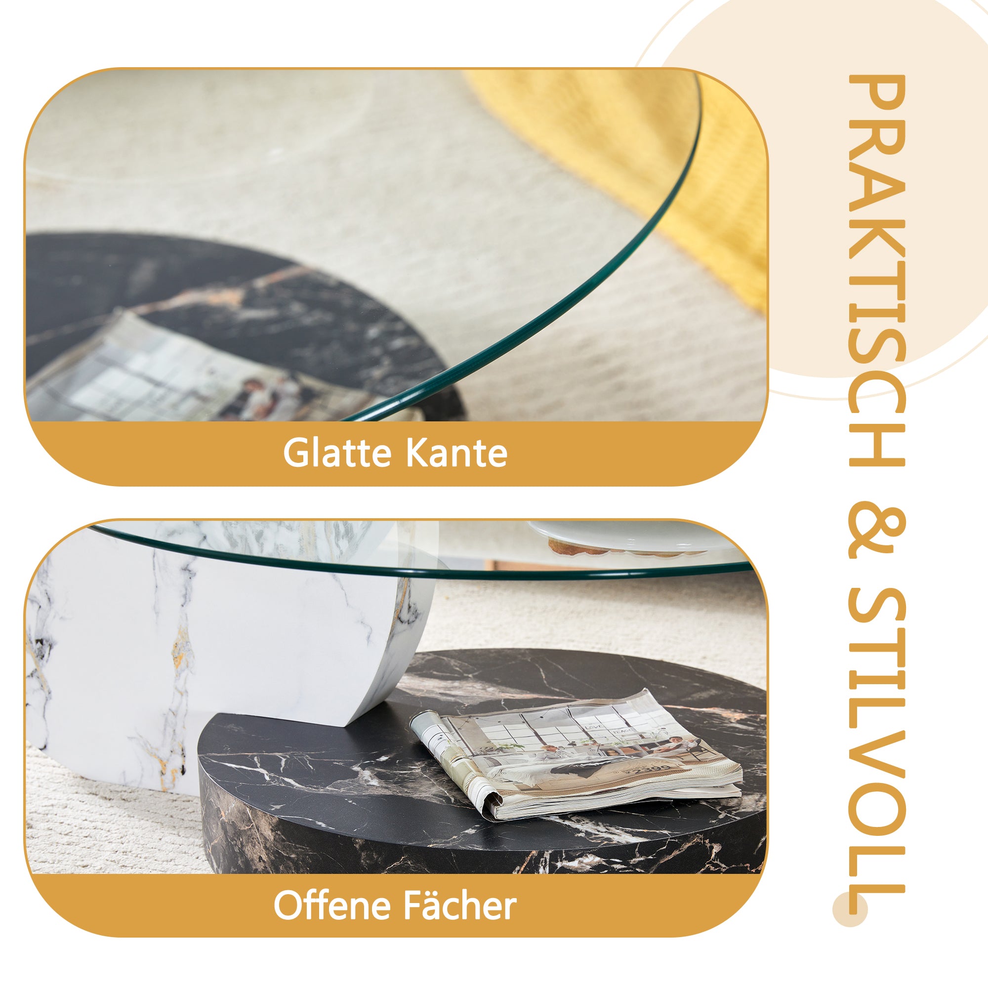 Coffee Table Modern Minimalist Two-Tiered Safety Glass Black and White Marble Effect