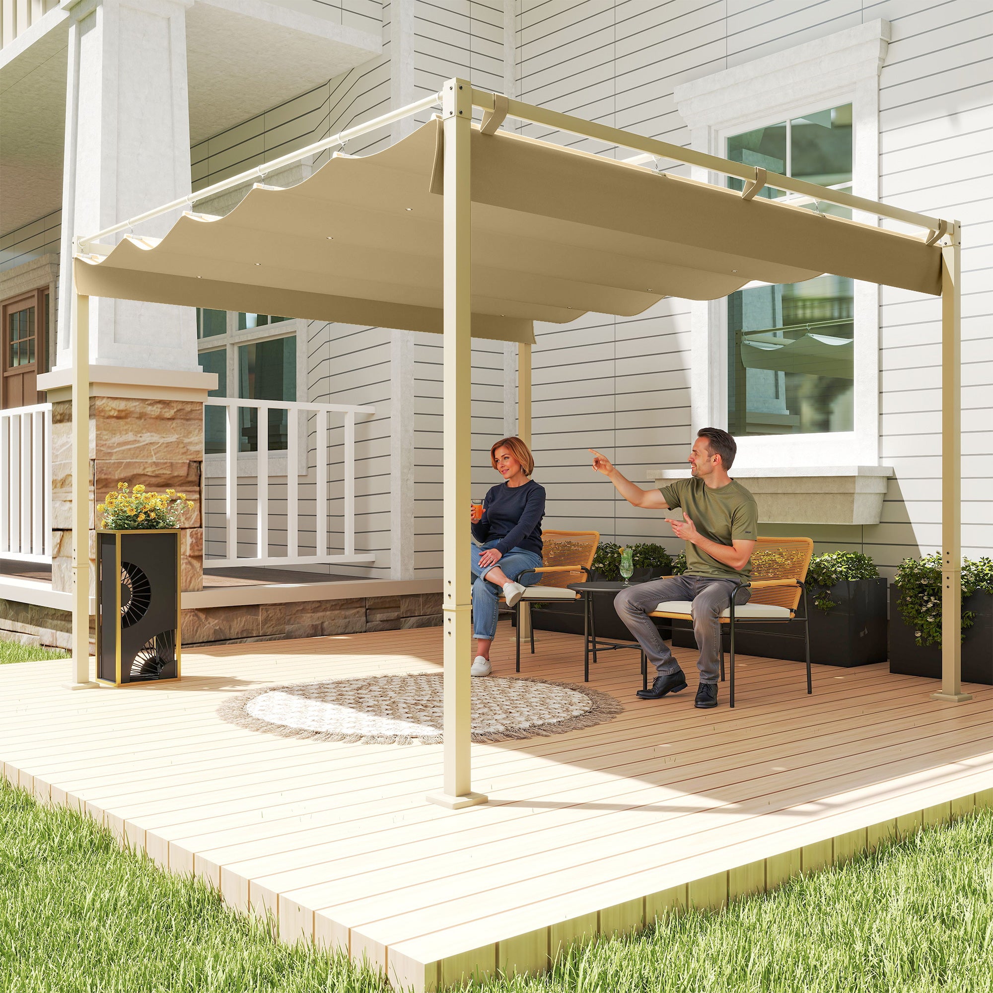 Pergola 3 x 3m Retractable Roof Metal - Khaki