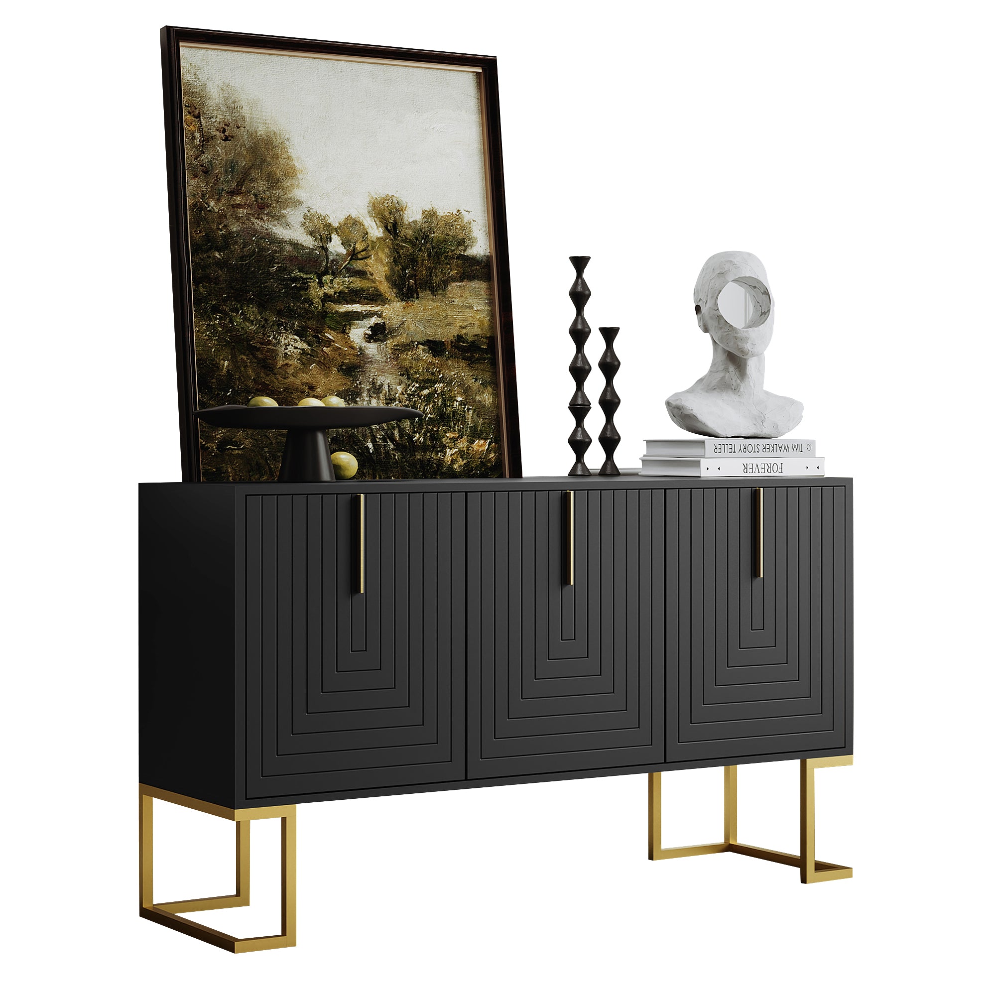 Sideboard, 3-Door with Adjustable Shelves & Metal Handles, Black
