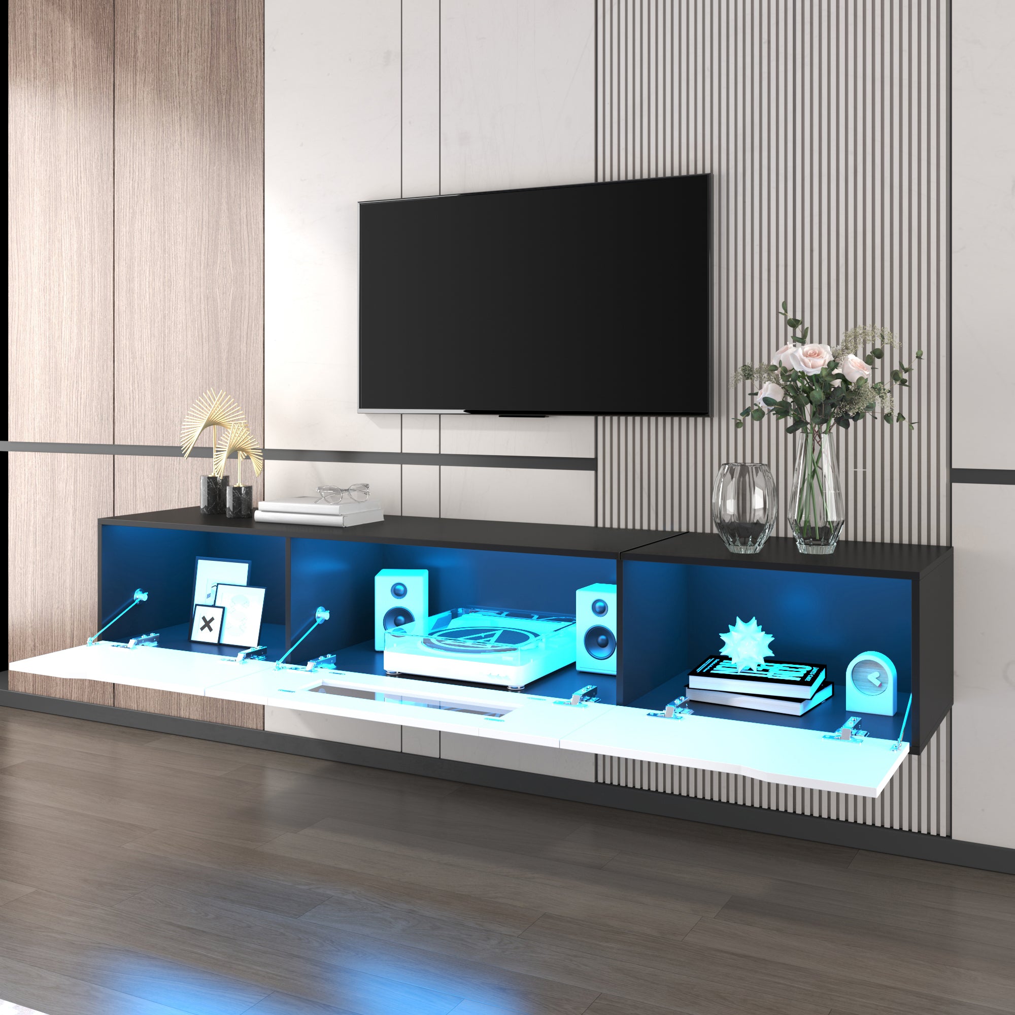 High-gloss TV Cabinet, 180cm LED USB Wall-Mounted Black & White