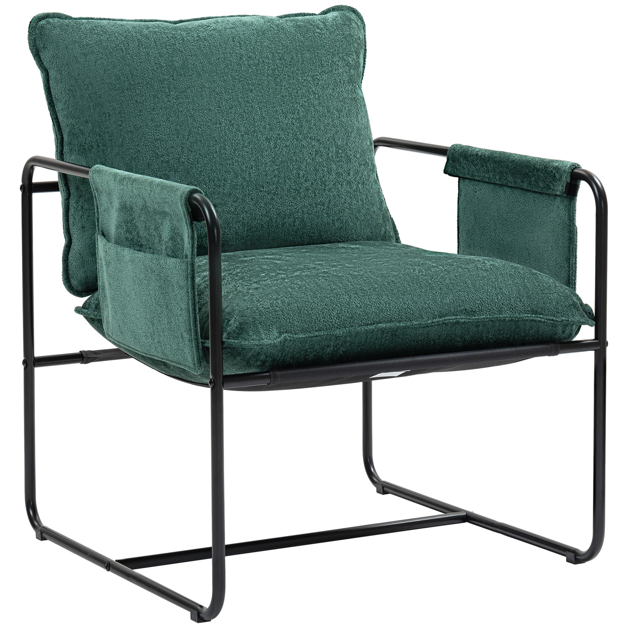 Minimal Accent Chair with Pockets, Padded Green Chenille