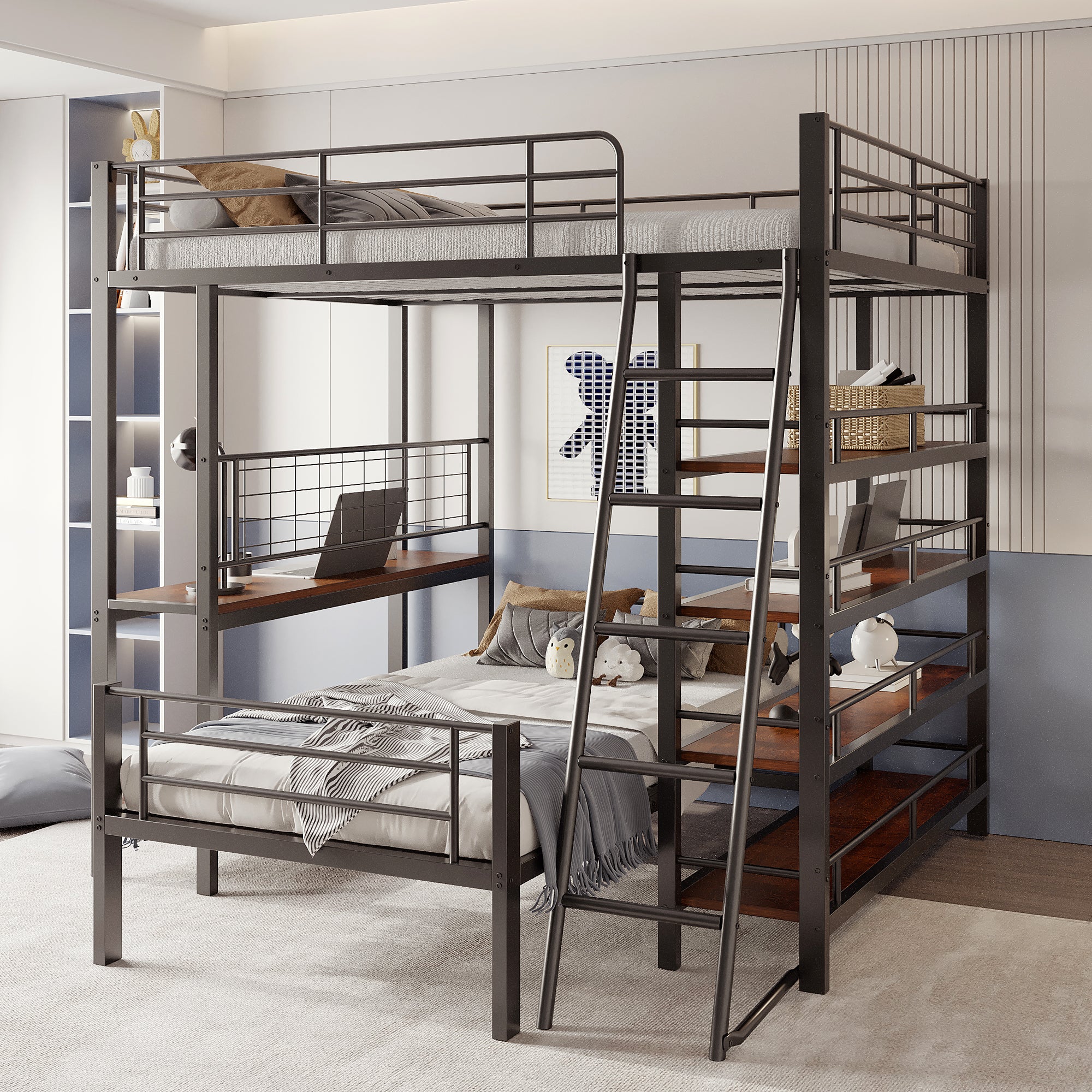 Bunk Bed Metal Frame Loft Bed 140*200 Multifunctional with Storage, Black