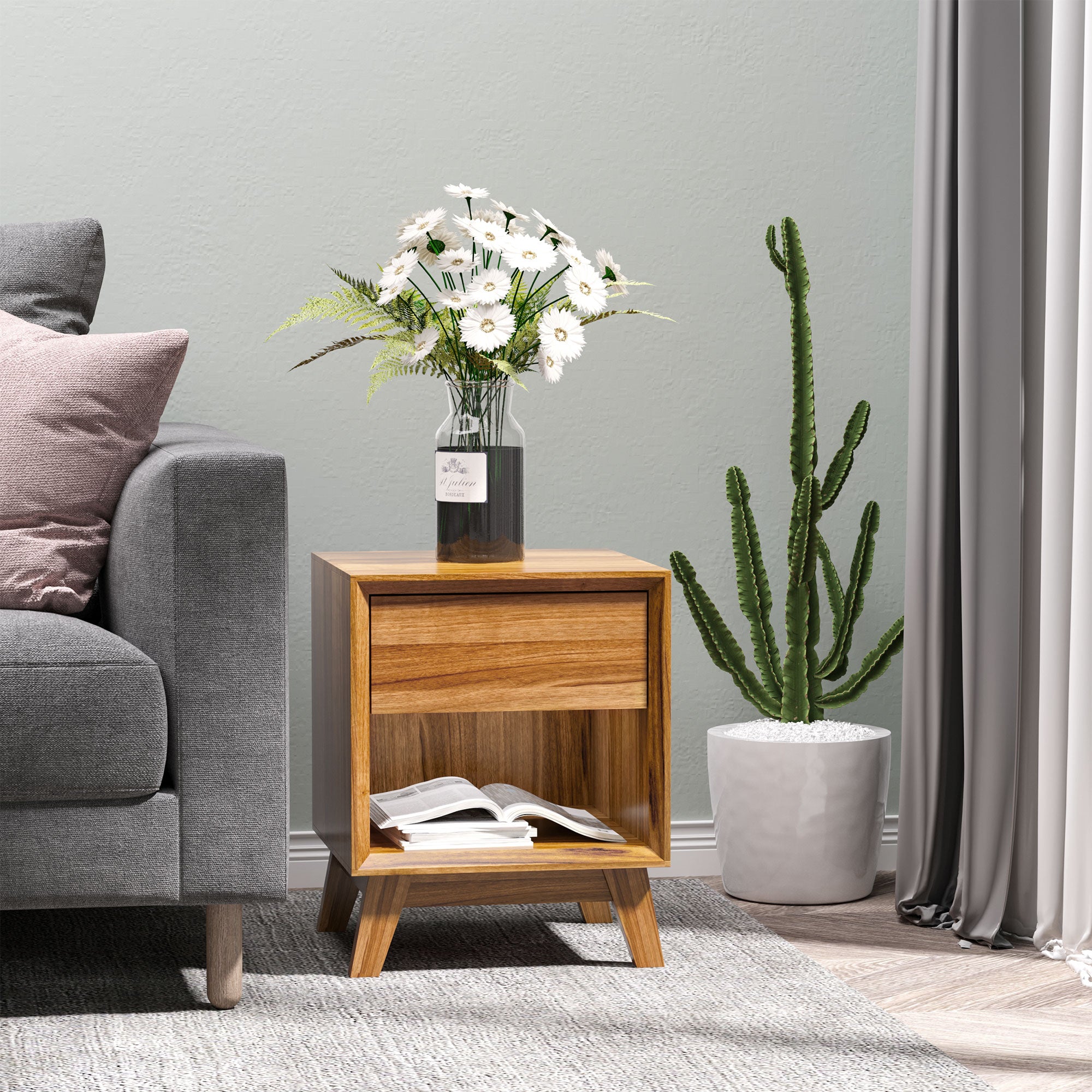 Modern Bedside Table Nightstand with Drawer and Shelf, Walnut Brown