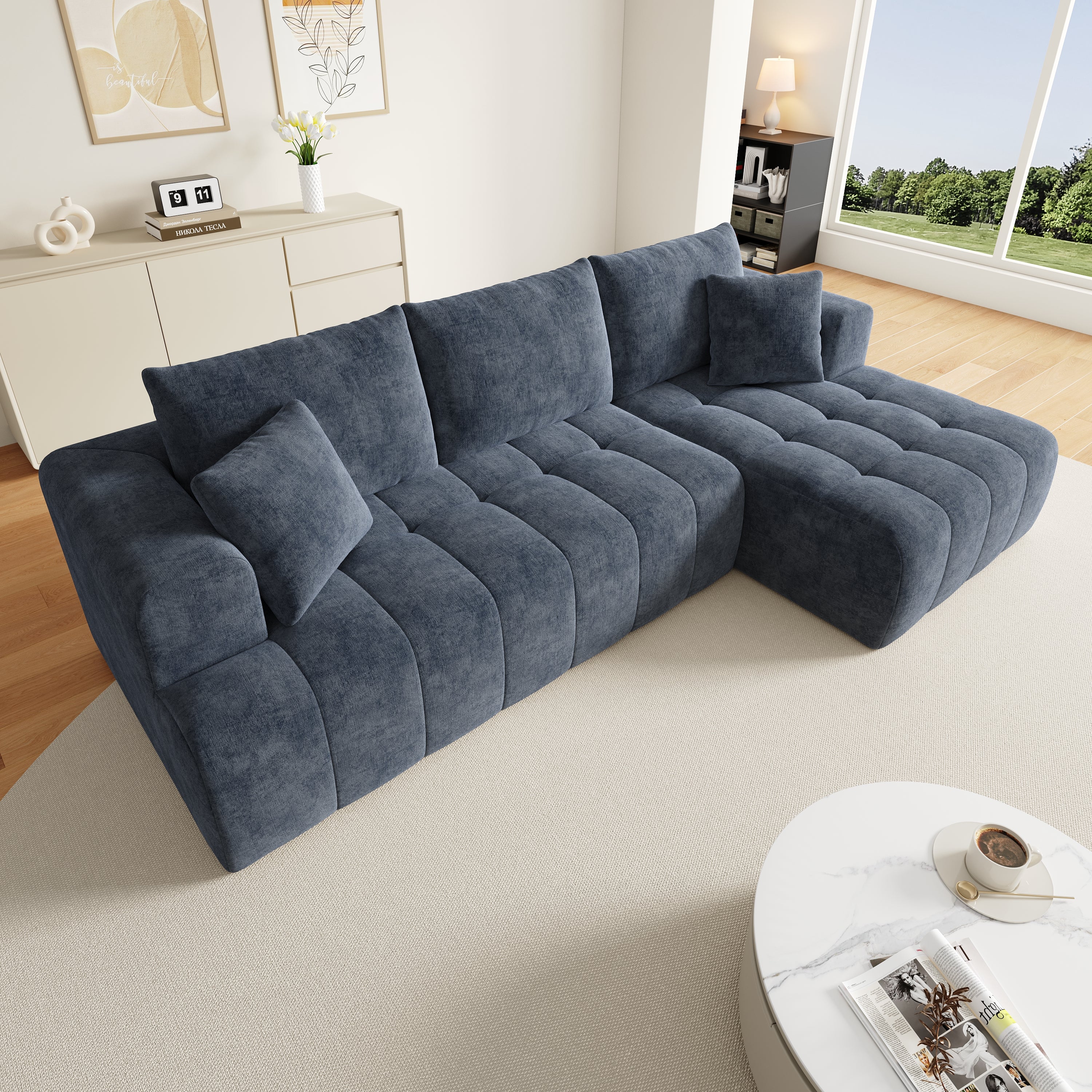 Modular L-shaped Corner Cloud Sofa, Frameless and Freely Combinable, Blue Chenille