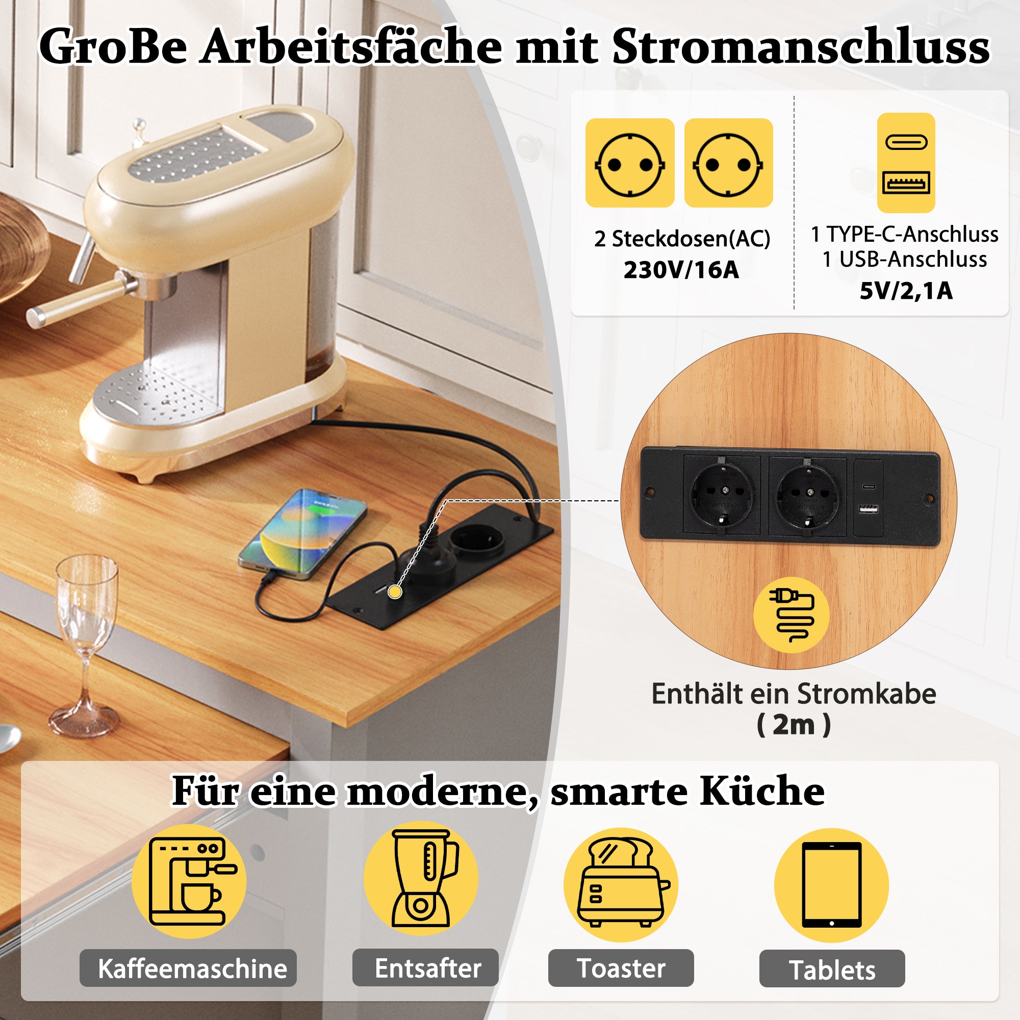 Kitchen Island on Wheels Extendable Worktop Waste Bin Power Strips - Grey