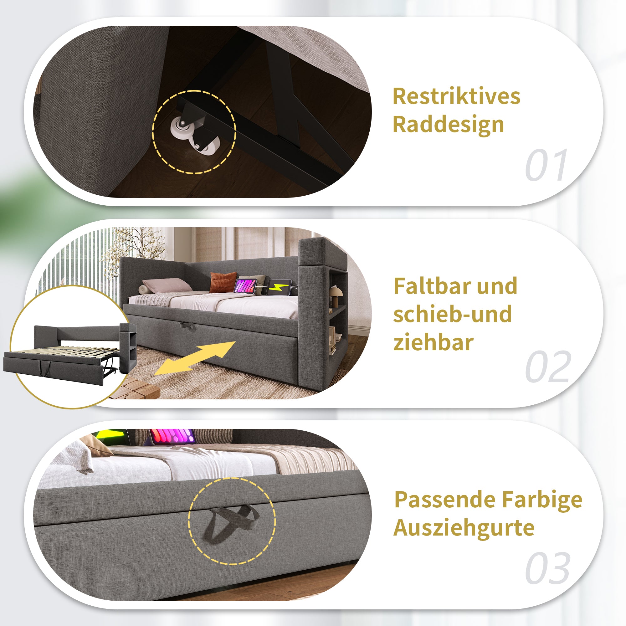 Upholstered Daybed 90x190 cm Single Bed Sofa with Pull-Out, USB/Type-C Port, Linen Blend Grey