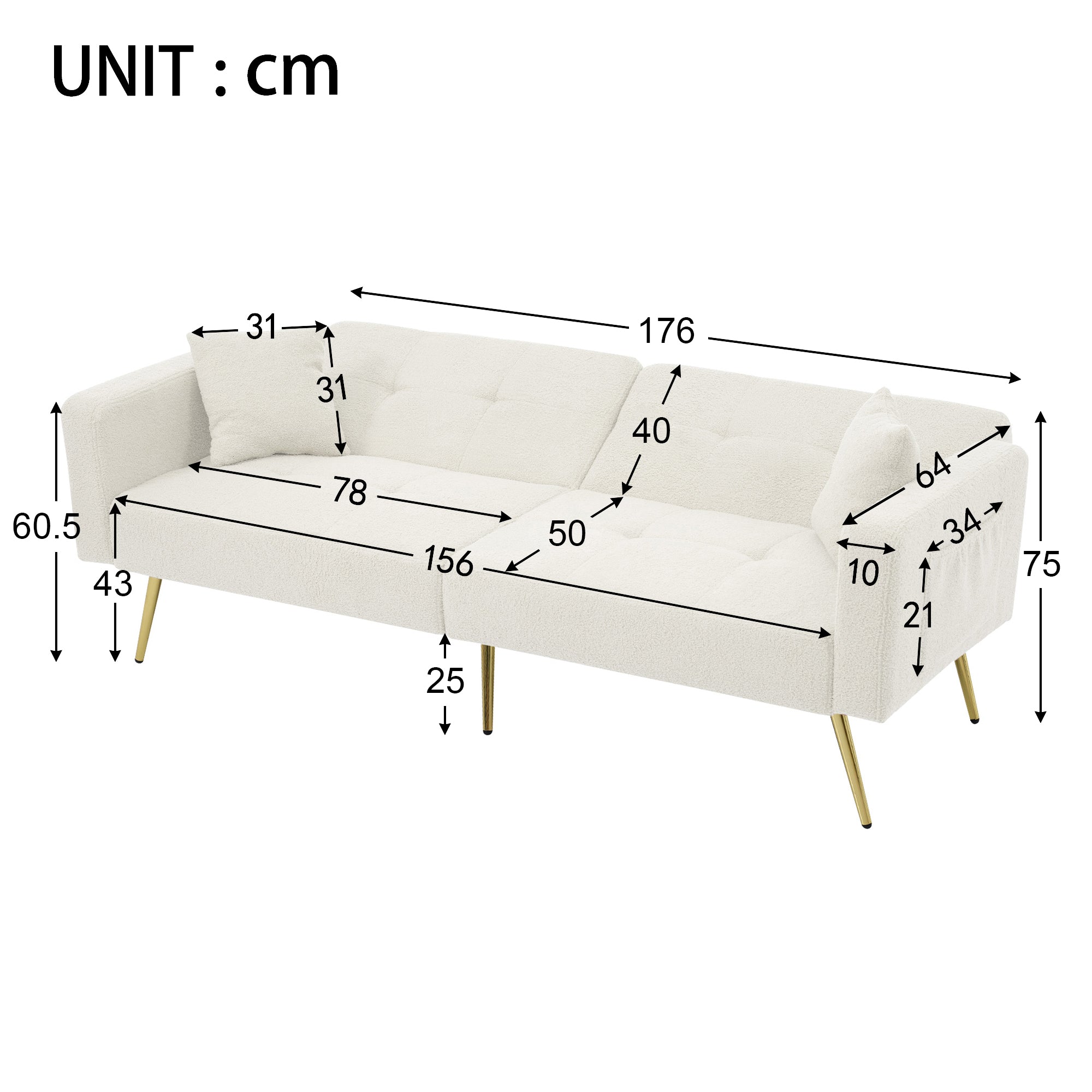 Sofa Bed, 3-Angle Adjustable Back, Gold Legs & Storage Pockets, Sherpa Fabric