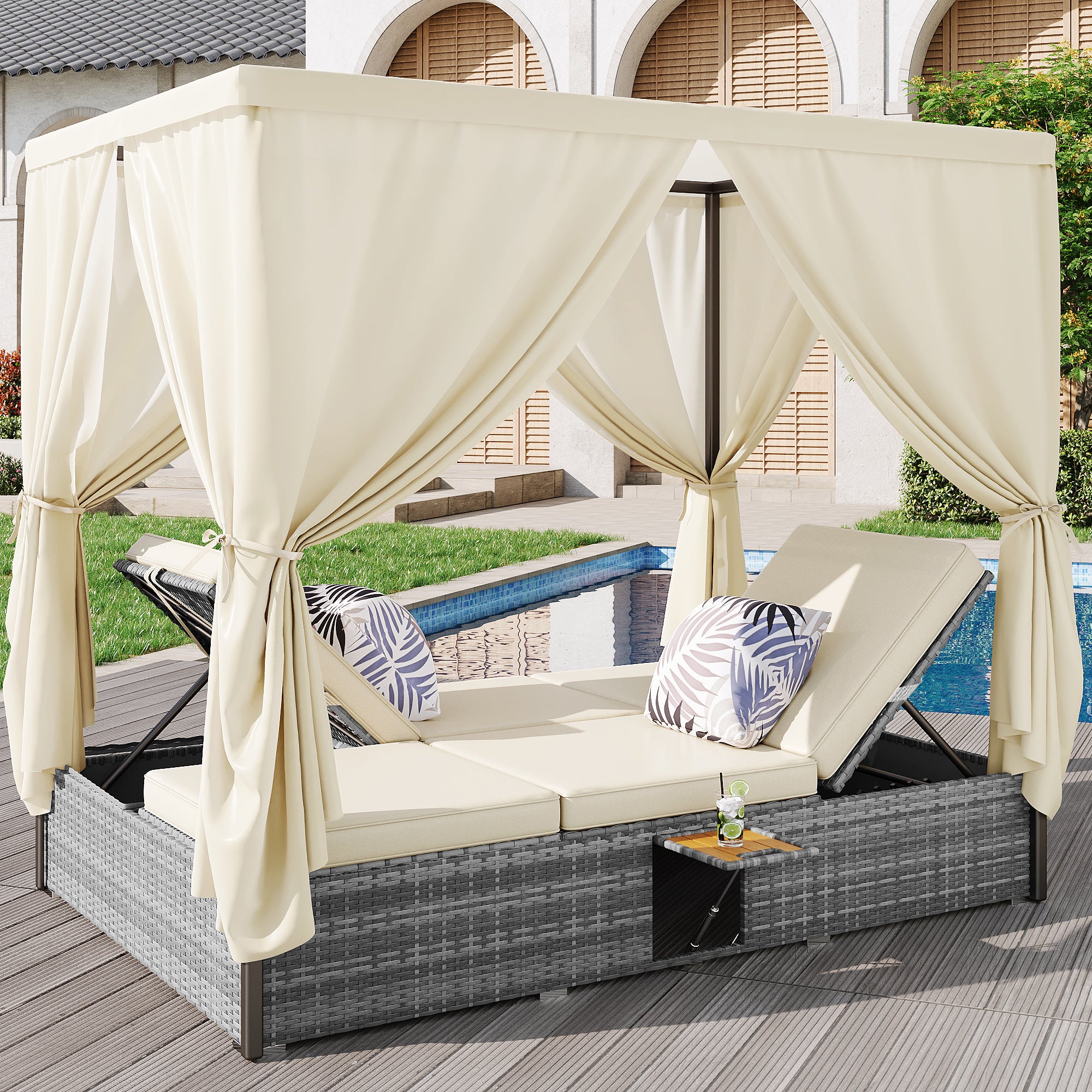 Rattan Garden Lounger Double Bed with Shade Curtain, Foldable & Table - Cream-White