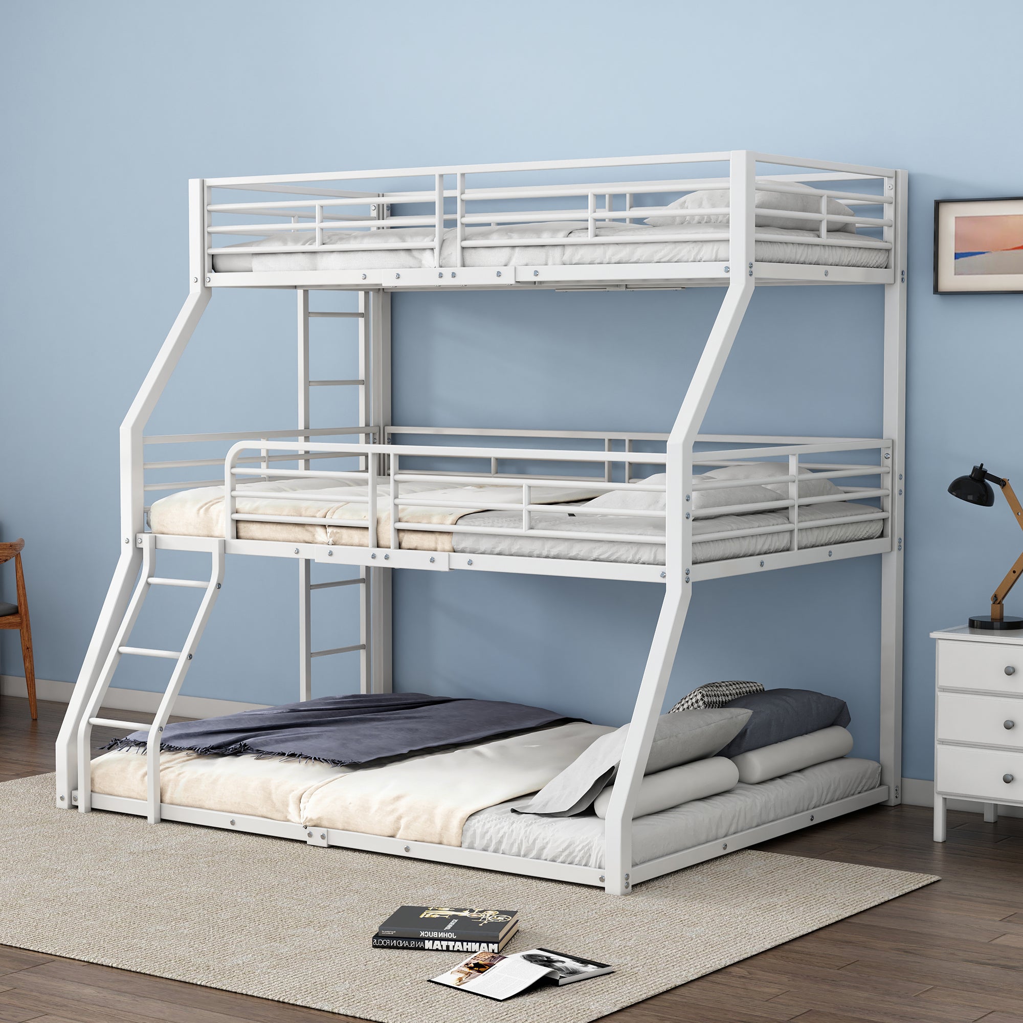 Triple Bunk Bed Metal Frame Multi-Size - White