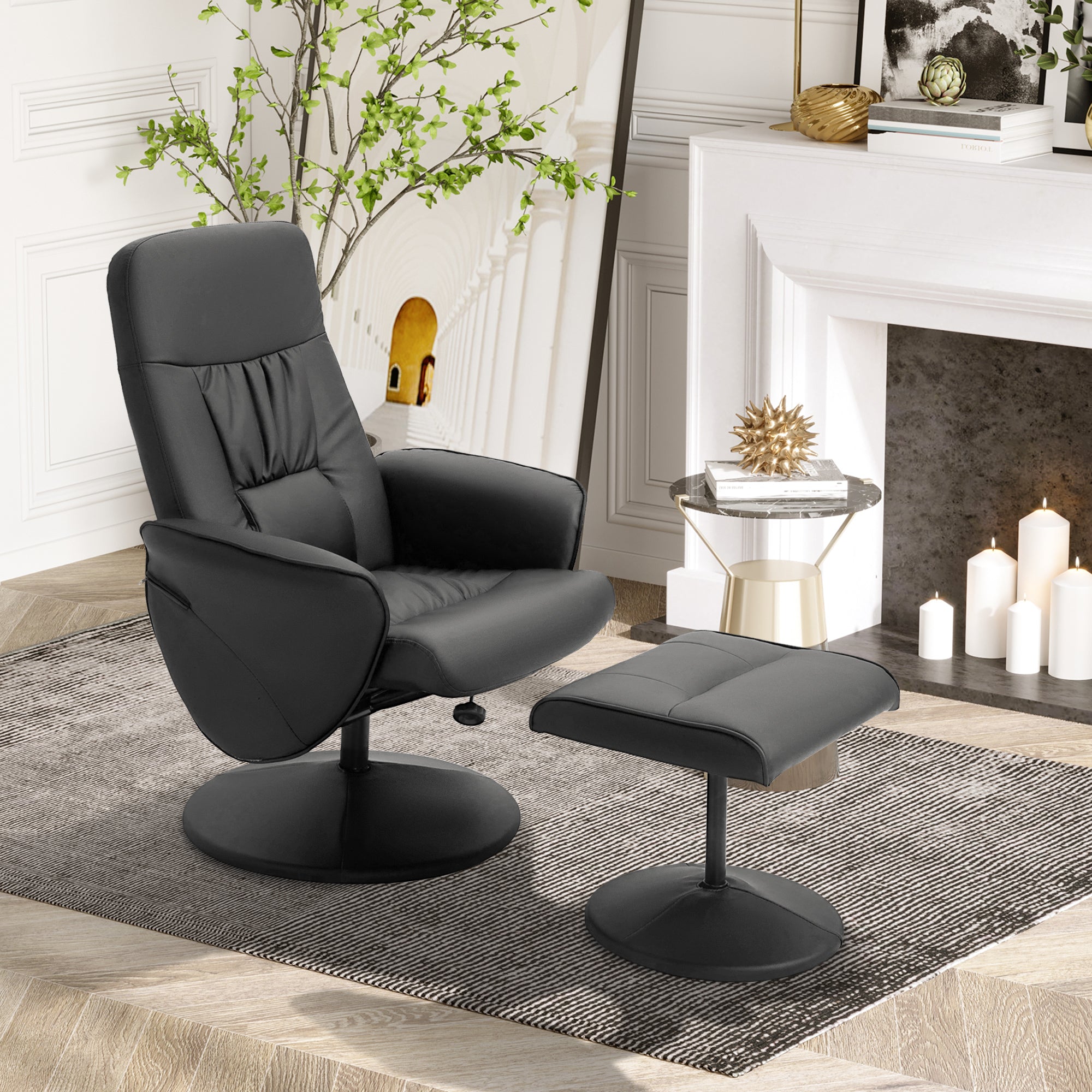 Swivel Recliner Chair with Footstool, High Back Armchair and Ottoman, Black PU Leather