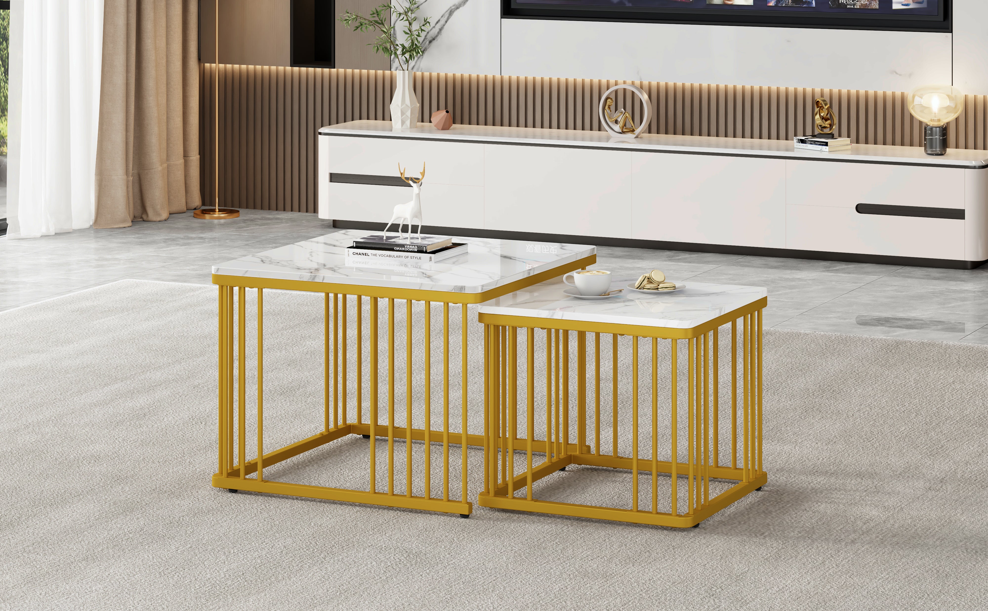 Nesting Coffee Tables Set of 2 Square Marble-Effect High-Gloss - Gold Legs
