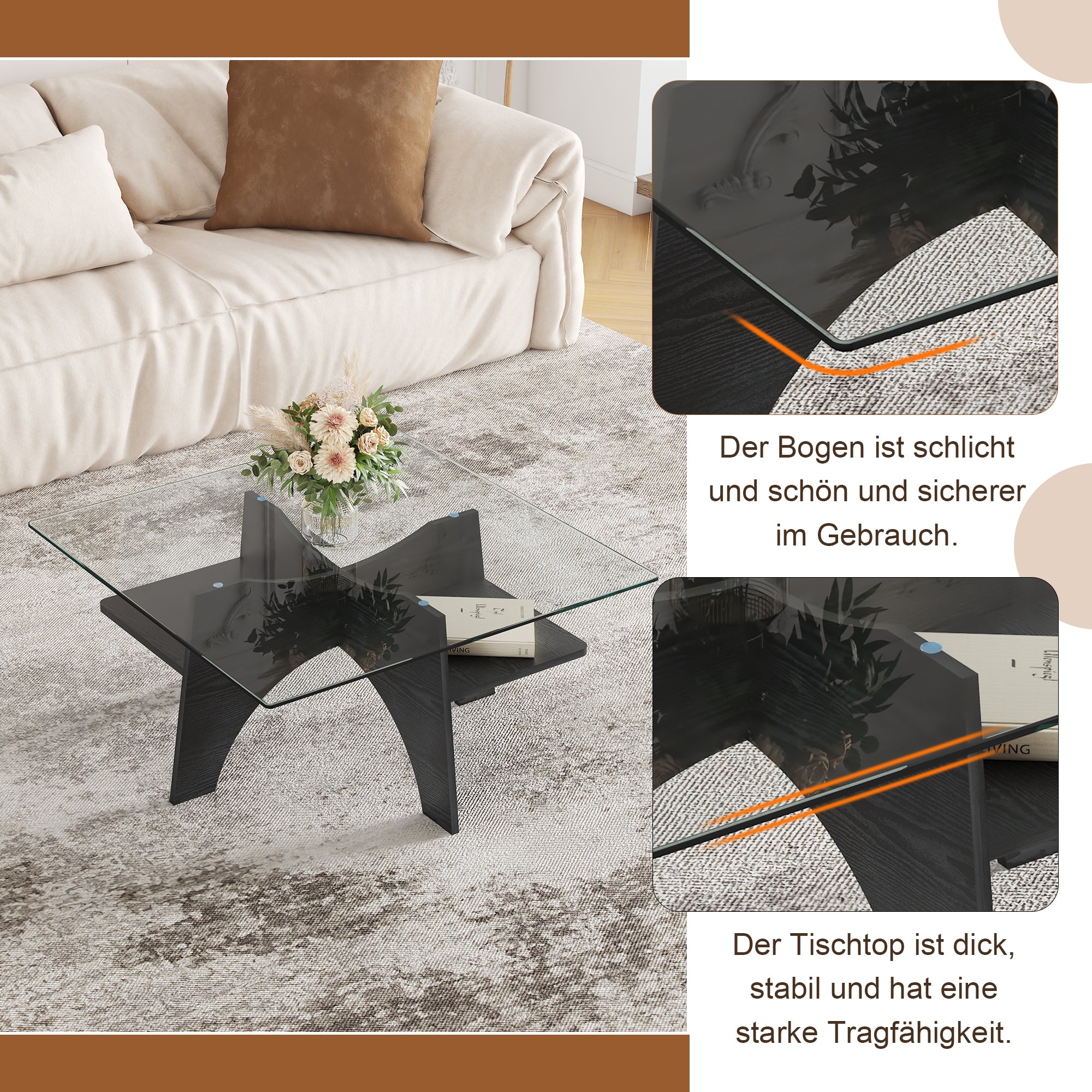 Modern Square Side/Coffee Table Tempered Glass 80cm - Black Wood Look
