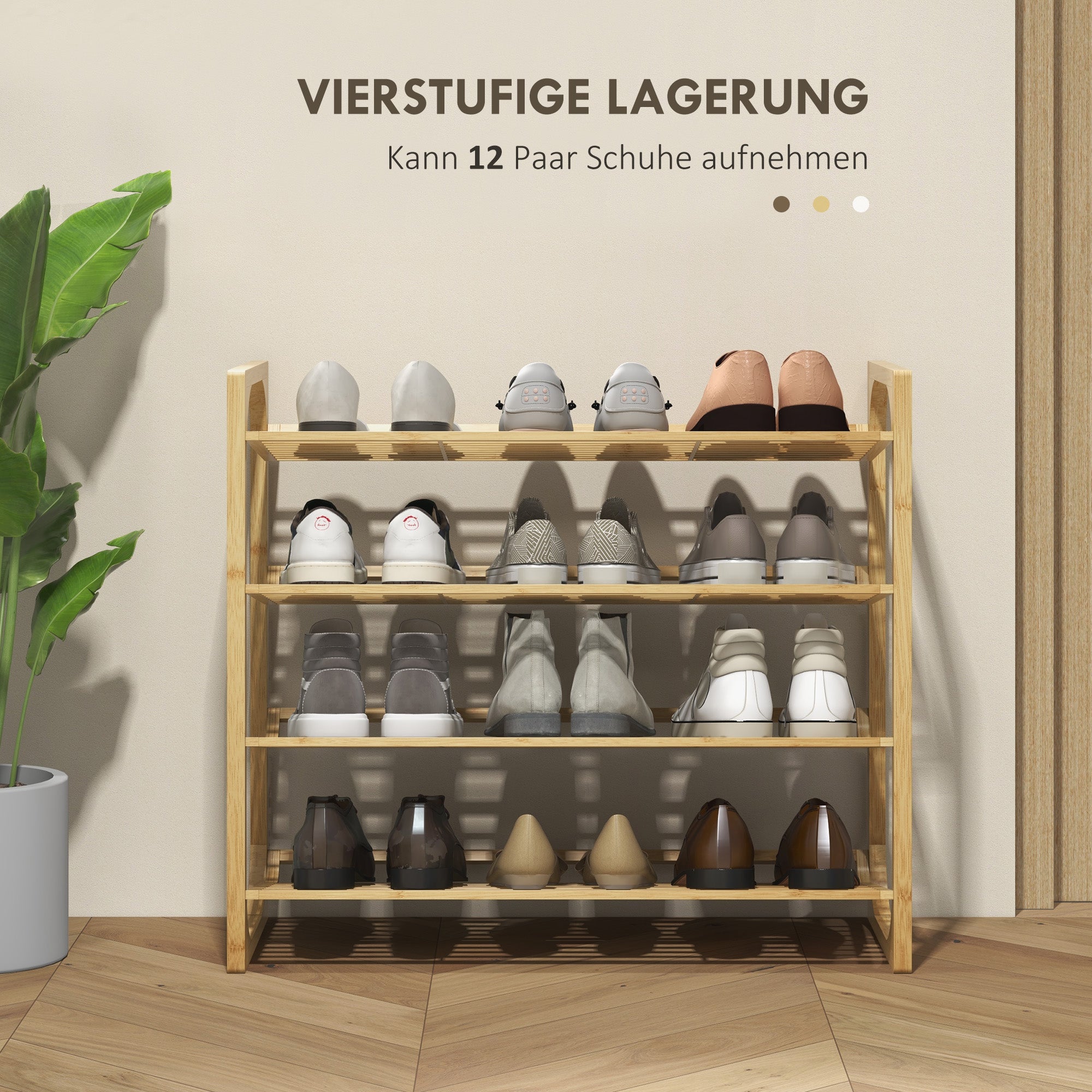 Shoe Rack, 4 Tiers, 12 Pairs, Bamboo Natural