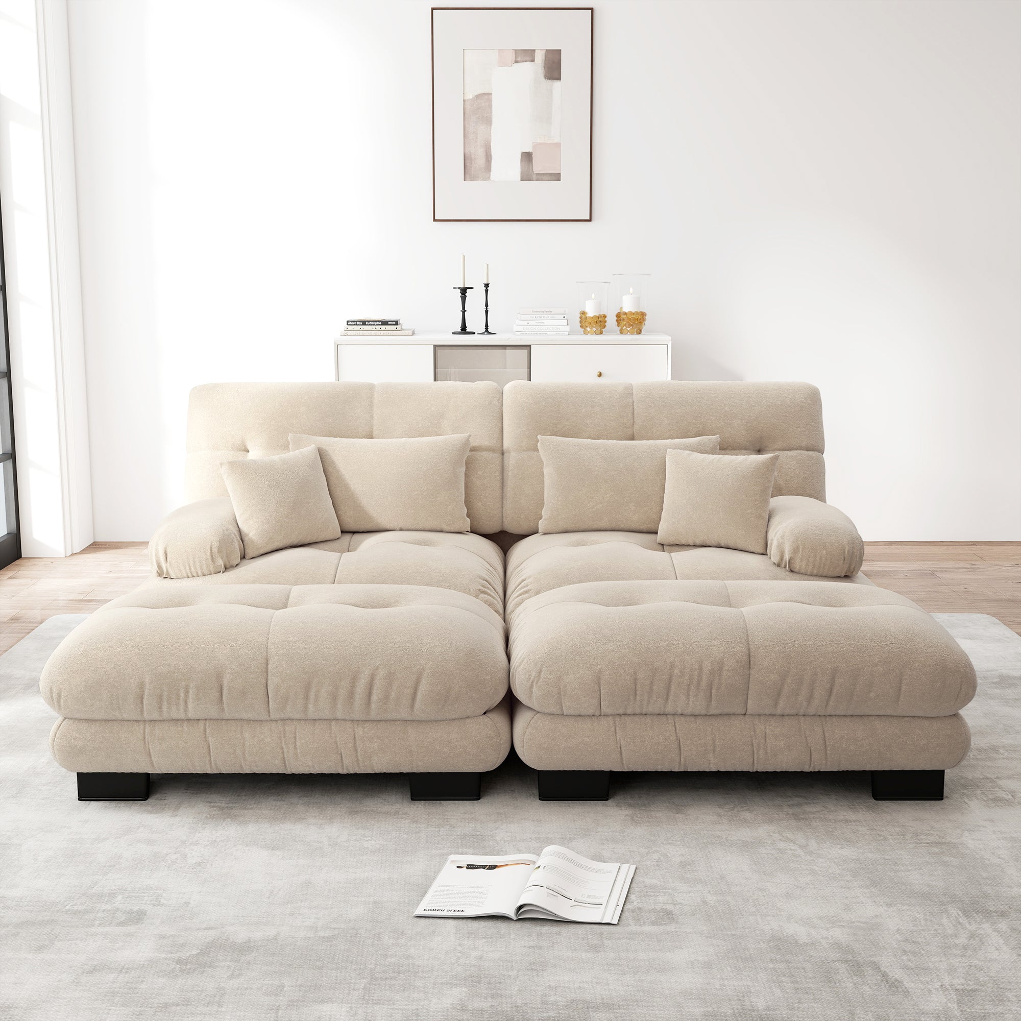 Cloud Corner Sofa, Double with Lumbar & Decorative Pillows, Ottomans, Chenille Light Brown