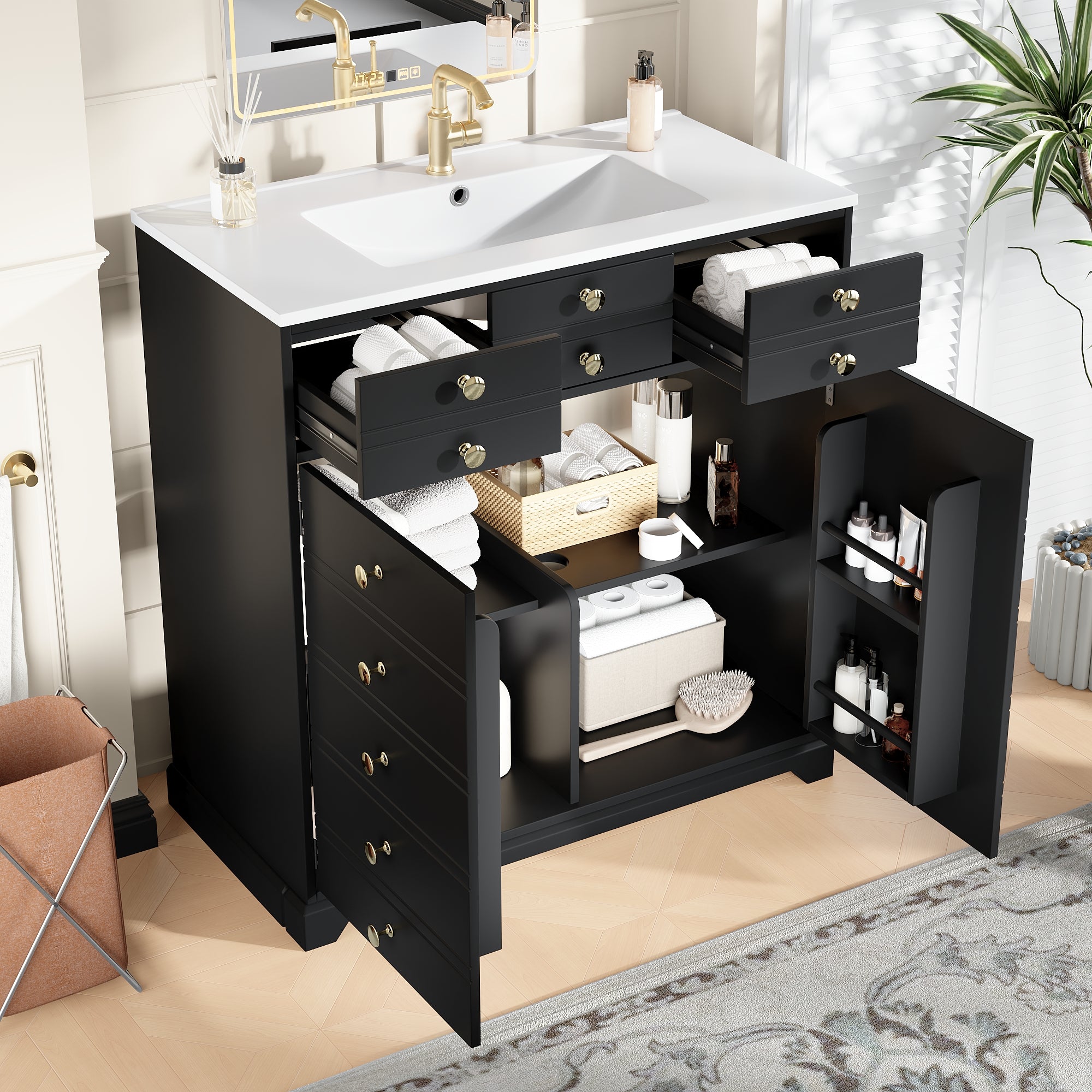 Bathroom Vanity Unit with Ceramic Sink and Storage Drawers, Black and Gold