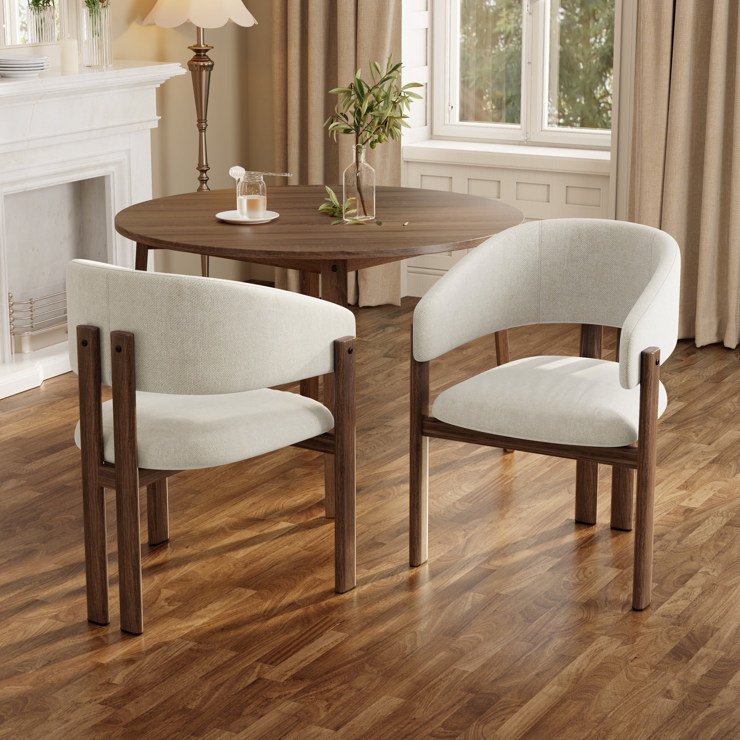 Dining Chairs, Set of 6 with Metal Legs and Wood Look, Linen Fabric, Walnut Wood Color