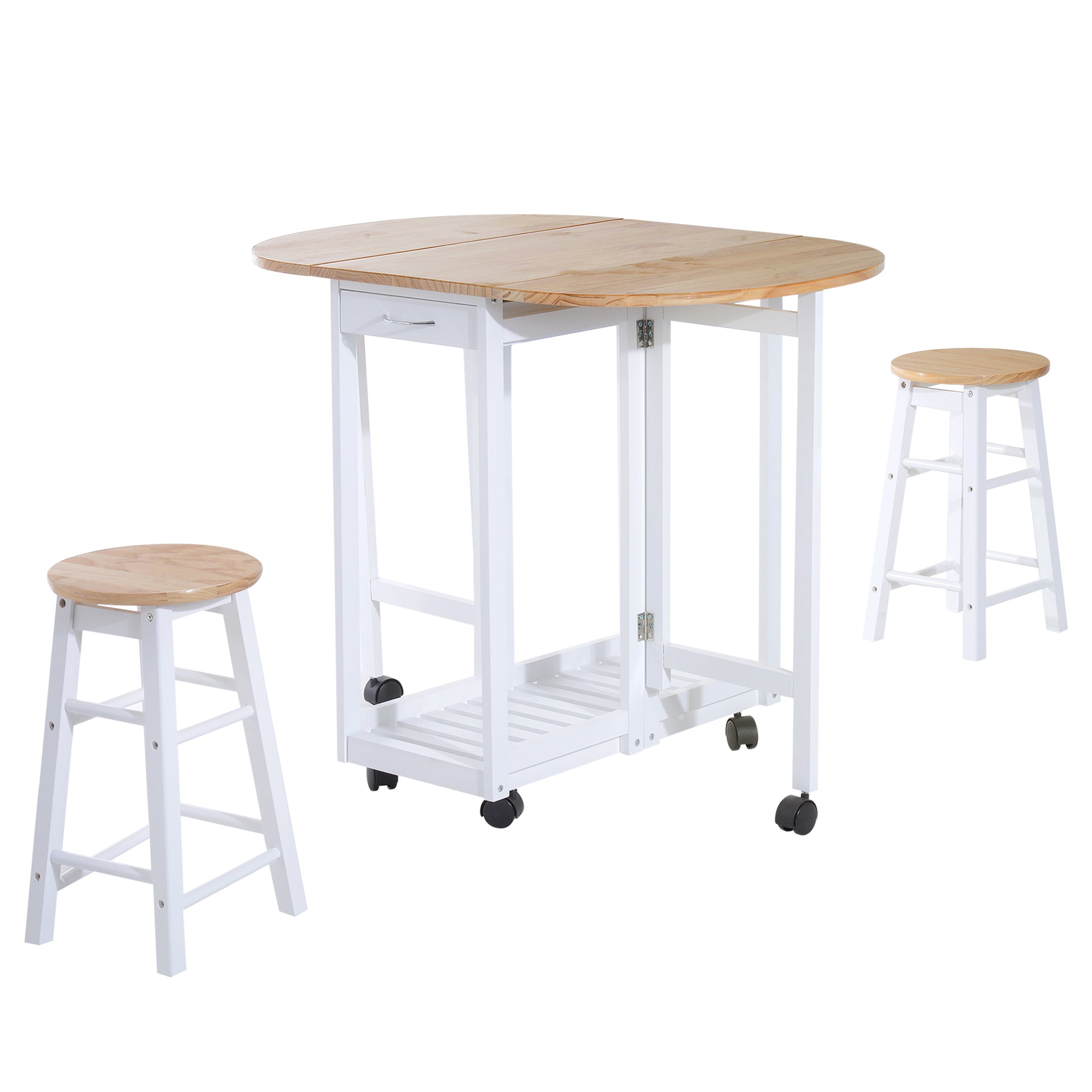 Folding 3 Pieces Bar Table Set, Mobile Drop Leaf with 2 Stools, Storage Shelf, Drawers, and Wheels, White