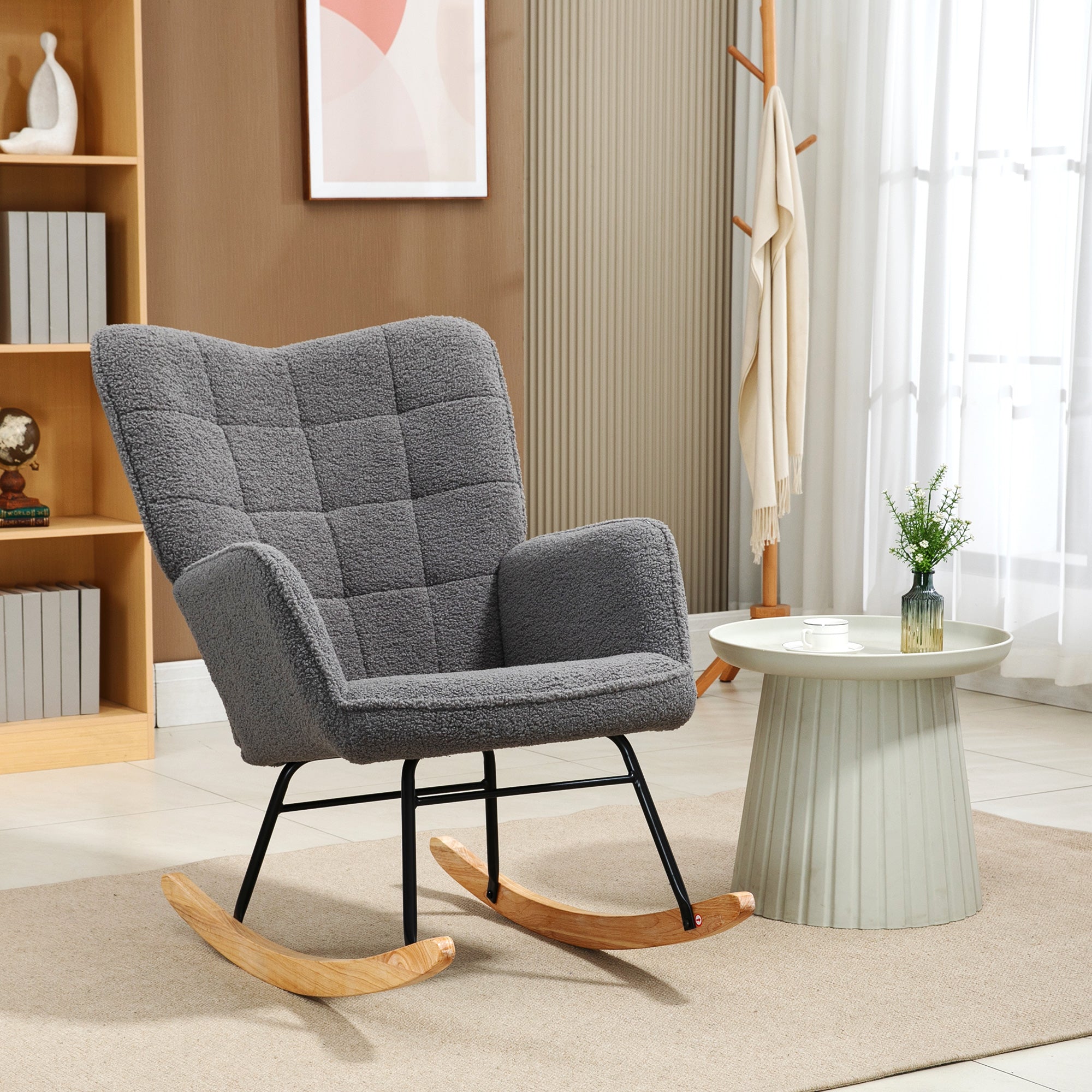 Rocking Armchair with Berber Fleece Look, Wooden Runners, 120kg Capacity, Dark Grey