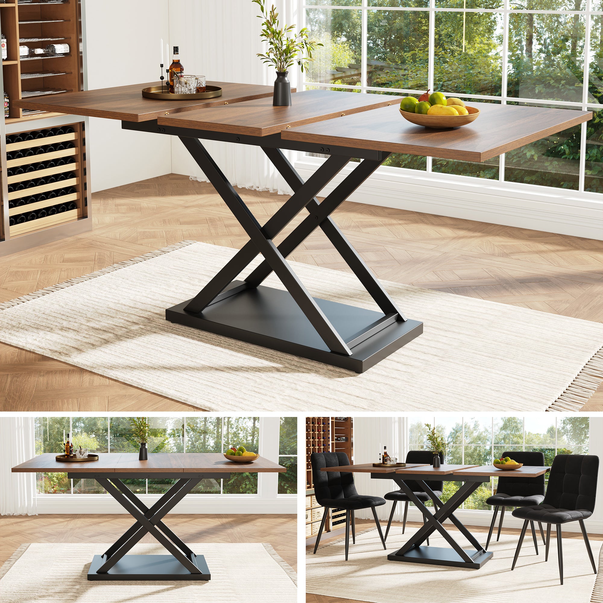 Telescopic Dining Table, Extendable Space-Saving with Crossed Iron Legs, Walnut