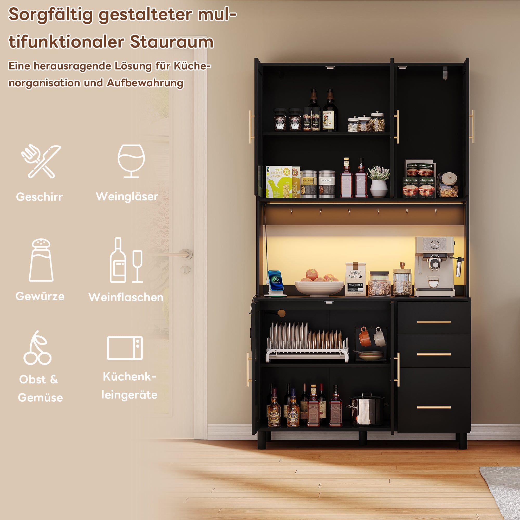 Kitchen Sideboard Buffet 183cm with App LED Lights Power Outlets Shelves & 3 Drawers - Gold Handles