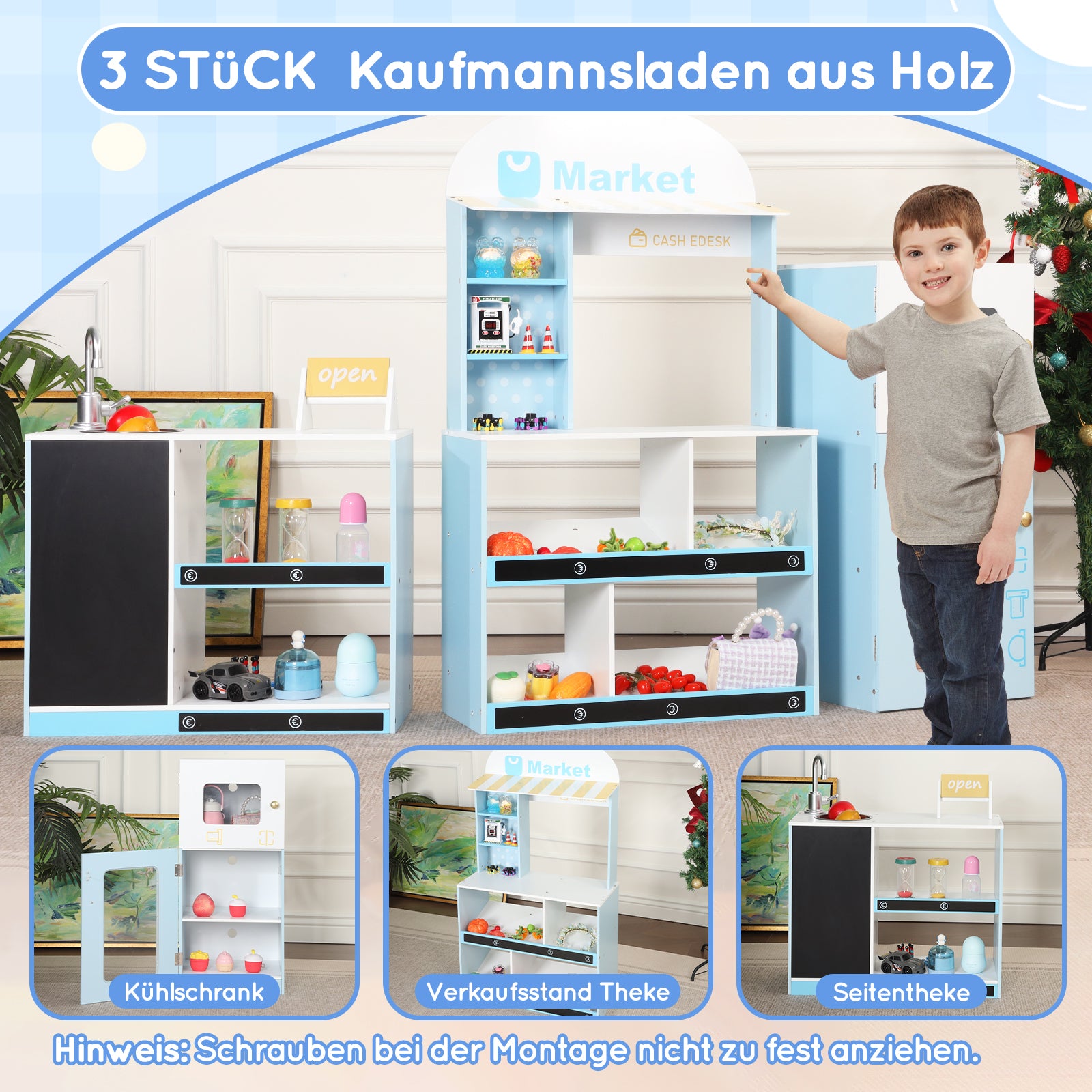 Children's Toy Shop with Shelves, Refrigerator and Chalkboard, Wood and Plastic, Blue