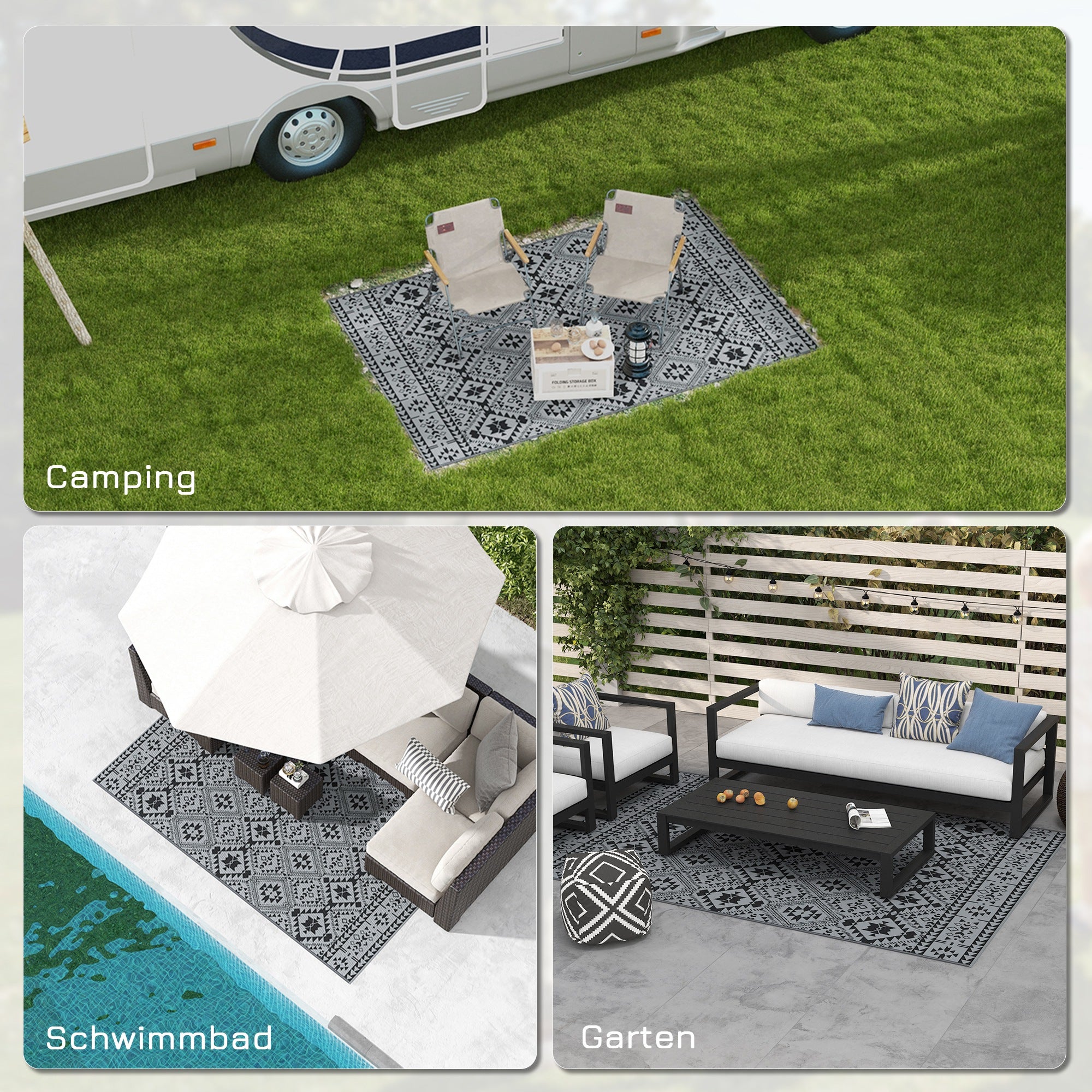 Outdoor Balcony Rug, Waterproof Geometric Eco-Friendly, Black+Grey