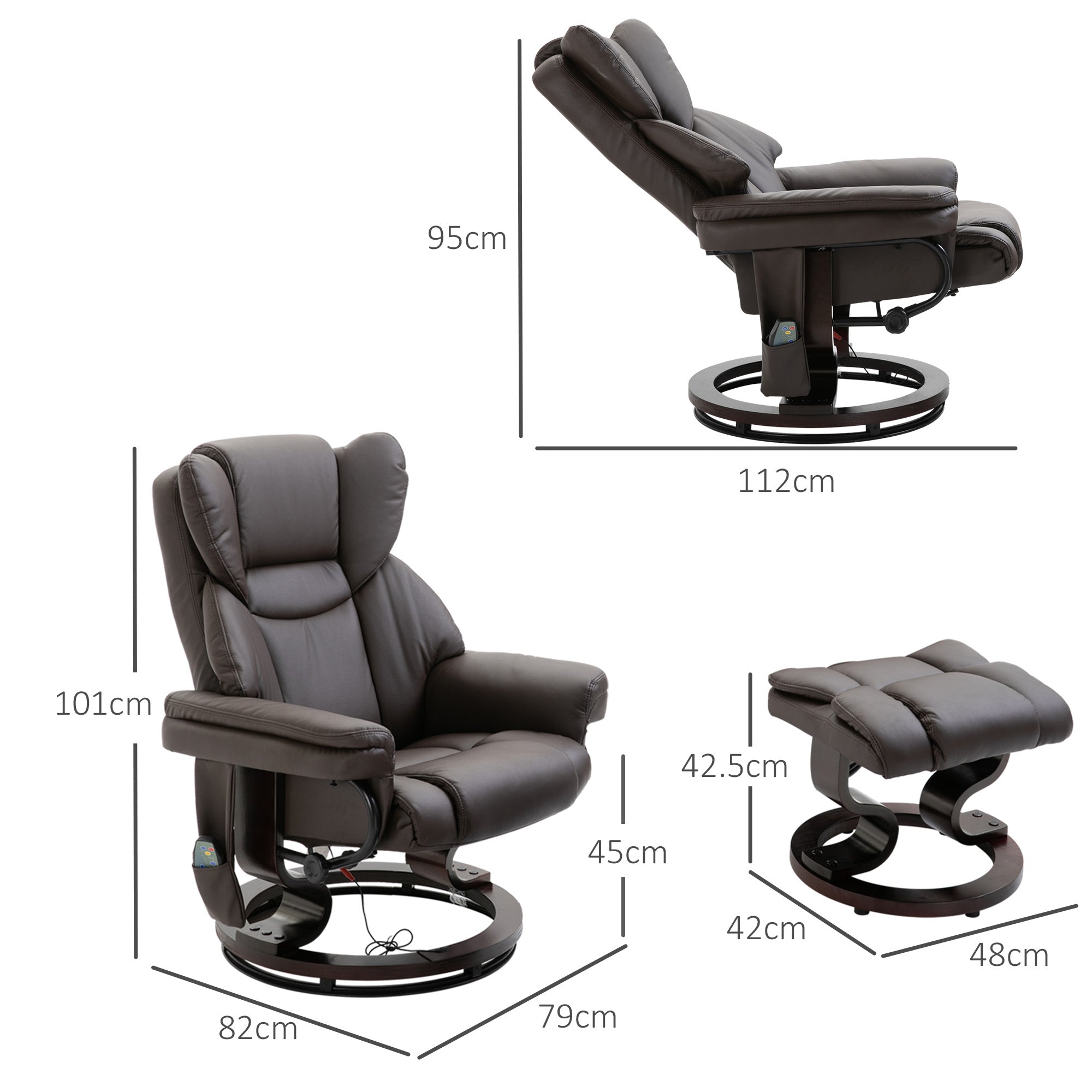 Recliner Massage Chair with Footstool, Reclining Function, Faux Leather Brown