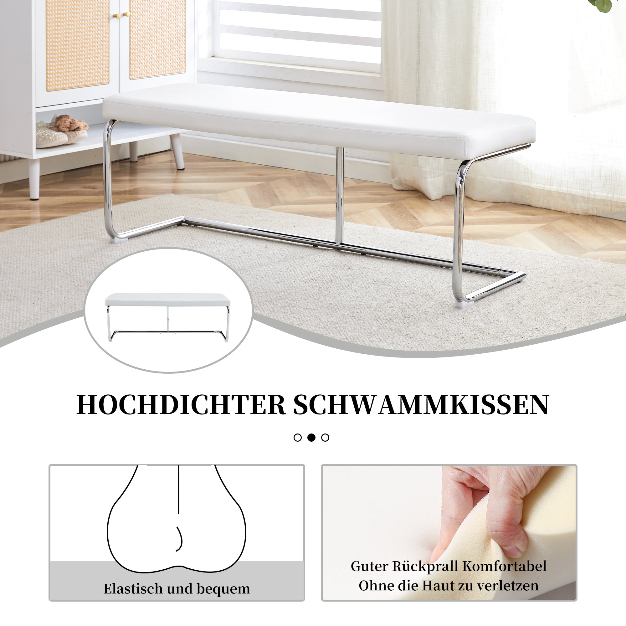 Bench 130cm Modern for Dining Room & Hallway, White Leather