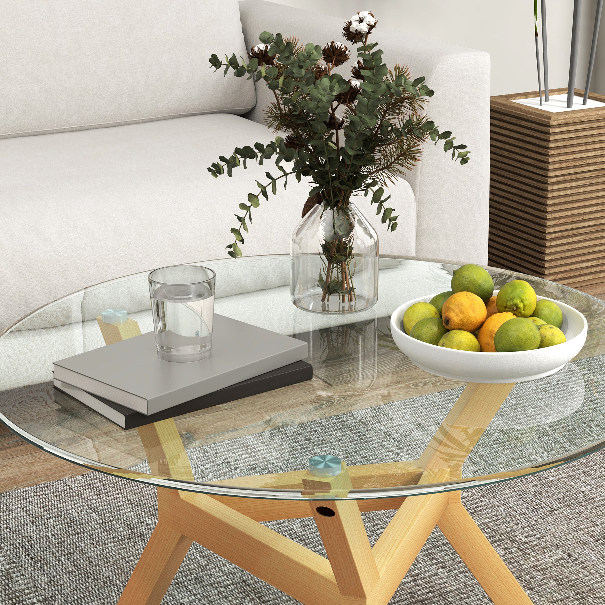 Tempered Glass Coffee Table, Adjustable Foot Pads Steel Frame, Transparent