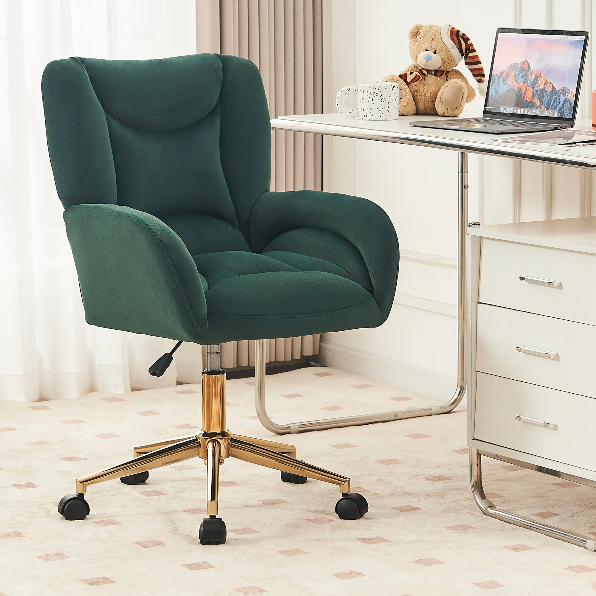 Full KD Swivel Chair, Height-Adjustable Home Office with Gold Legs, Green Velvet Fabric