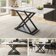 Dining Table, Extendable and Space-Saving, with Black Crossed Iron Legs, White Marble