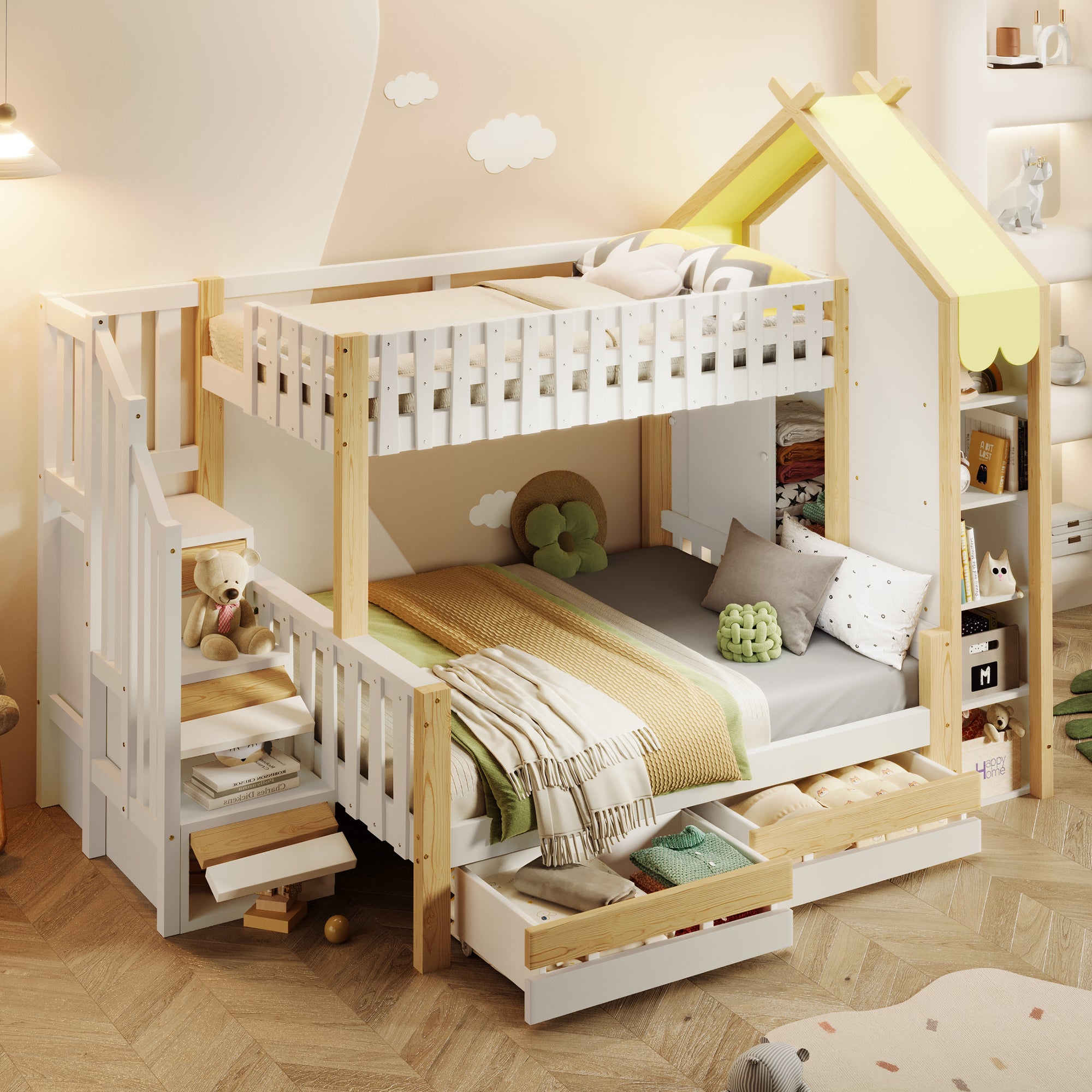 Bunk Bed, 90x200cm + 140x200cm, Storage Ladder, 2 Drawers, White + Natural
