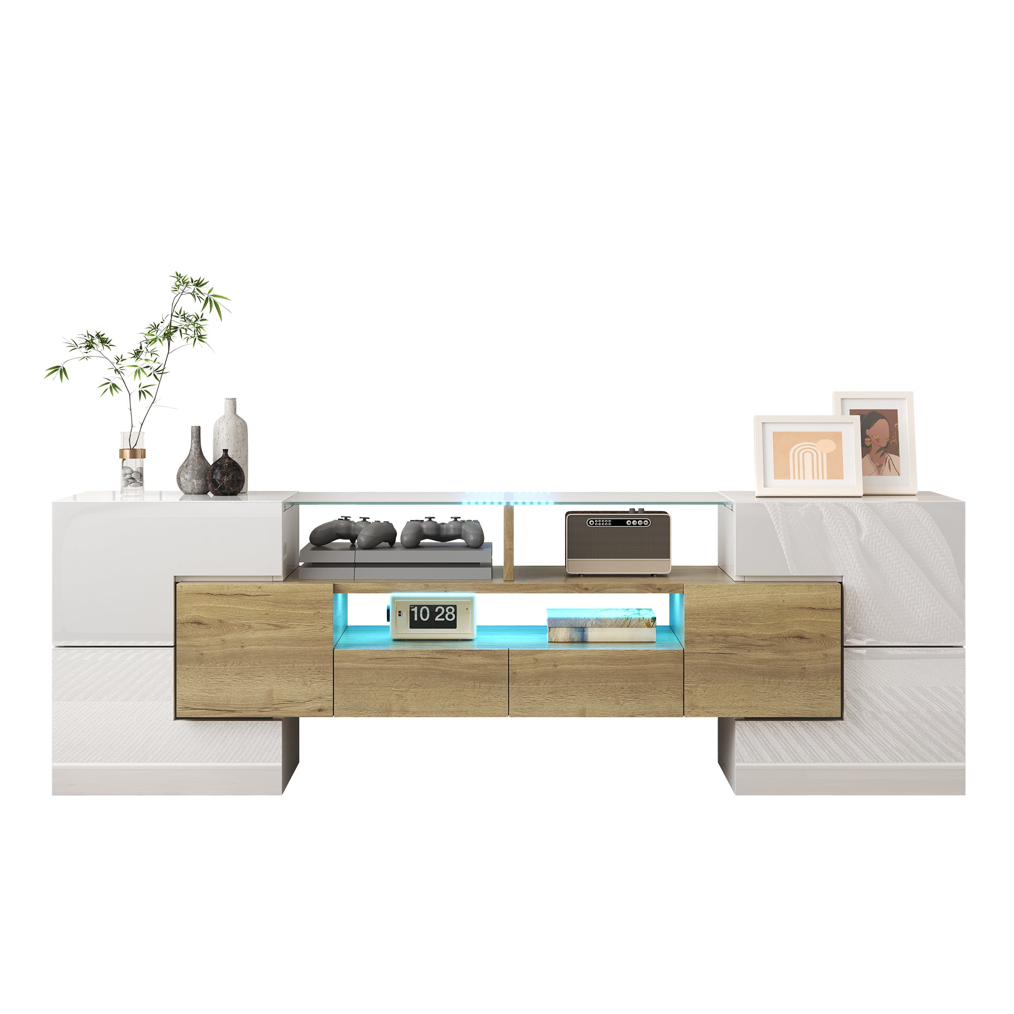 TV Cabinet, 145 cm LED Lighting, High-Gloss White Glass