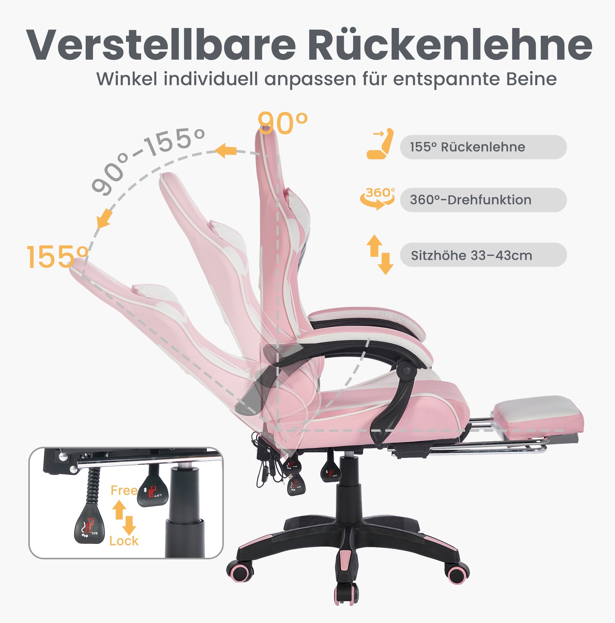 Gaming Chair 360° Swivel Ergonomic Racing High-Back Adjustable with Footrest and Lumbar Support – White & Pink Leather