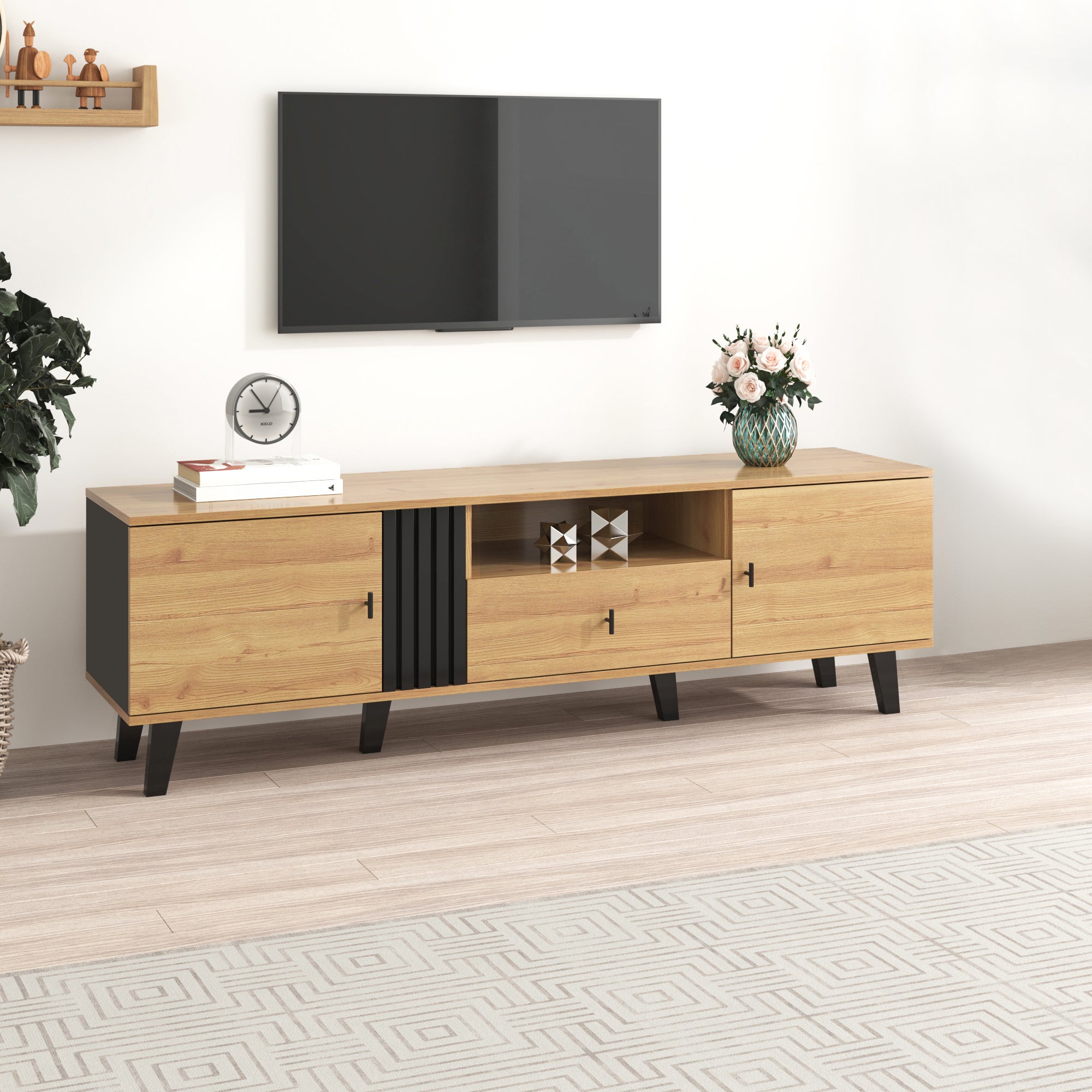 TV Cabinet, 170cm Lowboard with Drawers, Wood and Black
