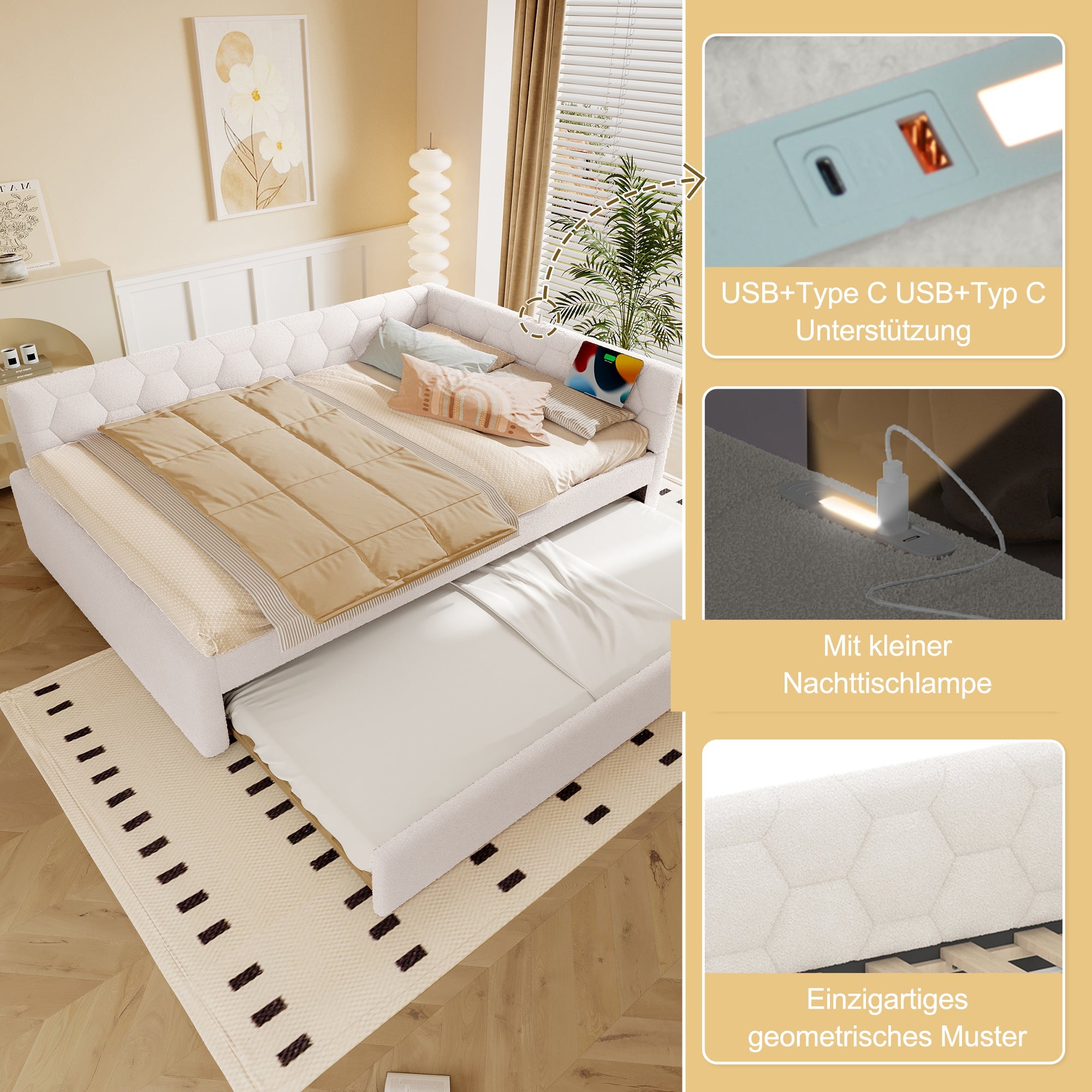 Daybed 140*200cm, Sofa Bed, Bed with Slatted Frame, Pull-out Bed, USB Port, Type-C, Fleece, White