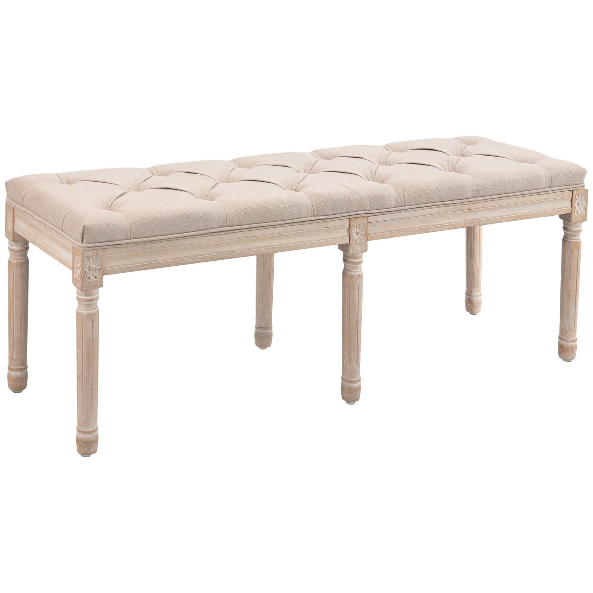 Vintage Upholstered Bench 117x40x48cm with Buttons Linen Look Beige