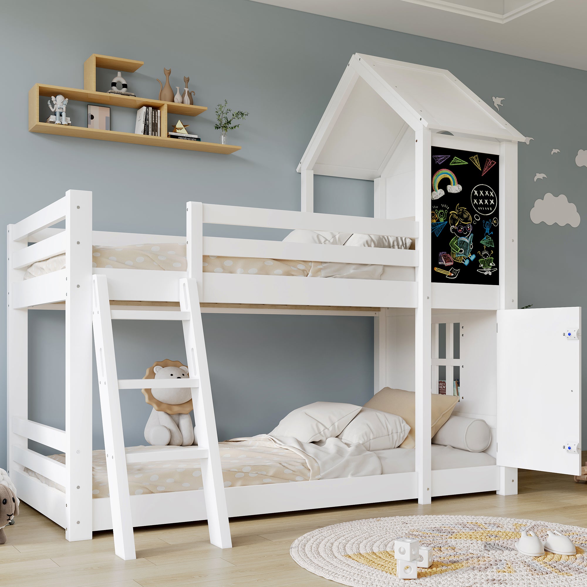 Bunk Bed 90x200cm House Design Chalkboard Door Slanted Ladder - White