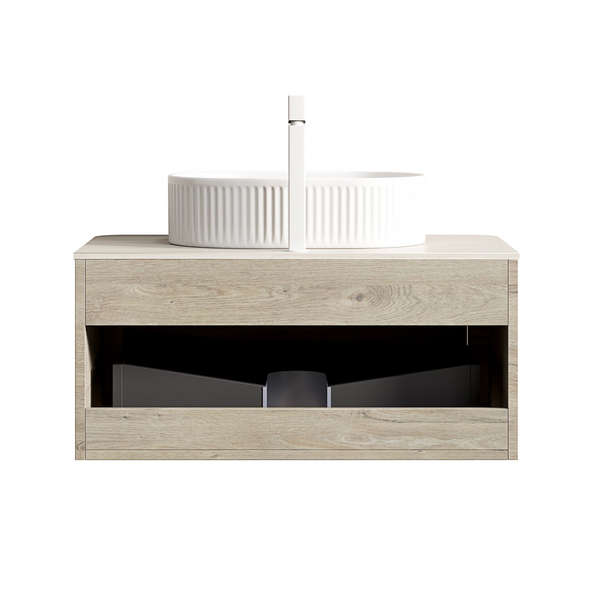 Floating Bathroom Vanity with Oval Sink and Sintered Stone Top, Oak Cream Wood Grain